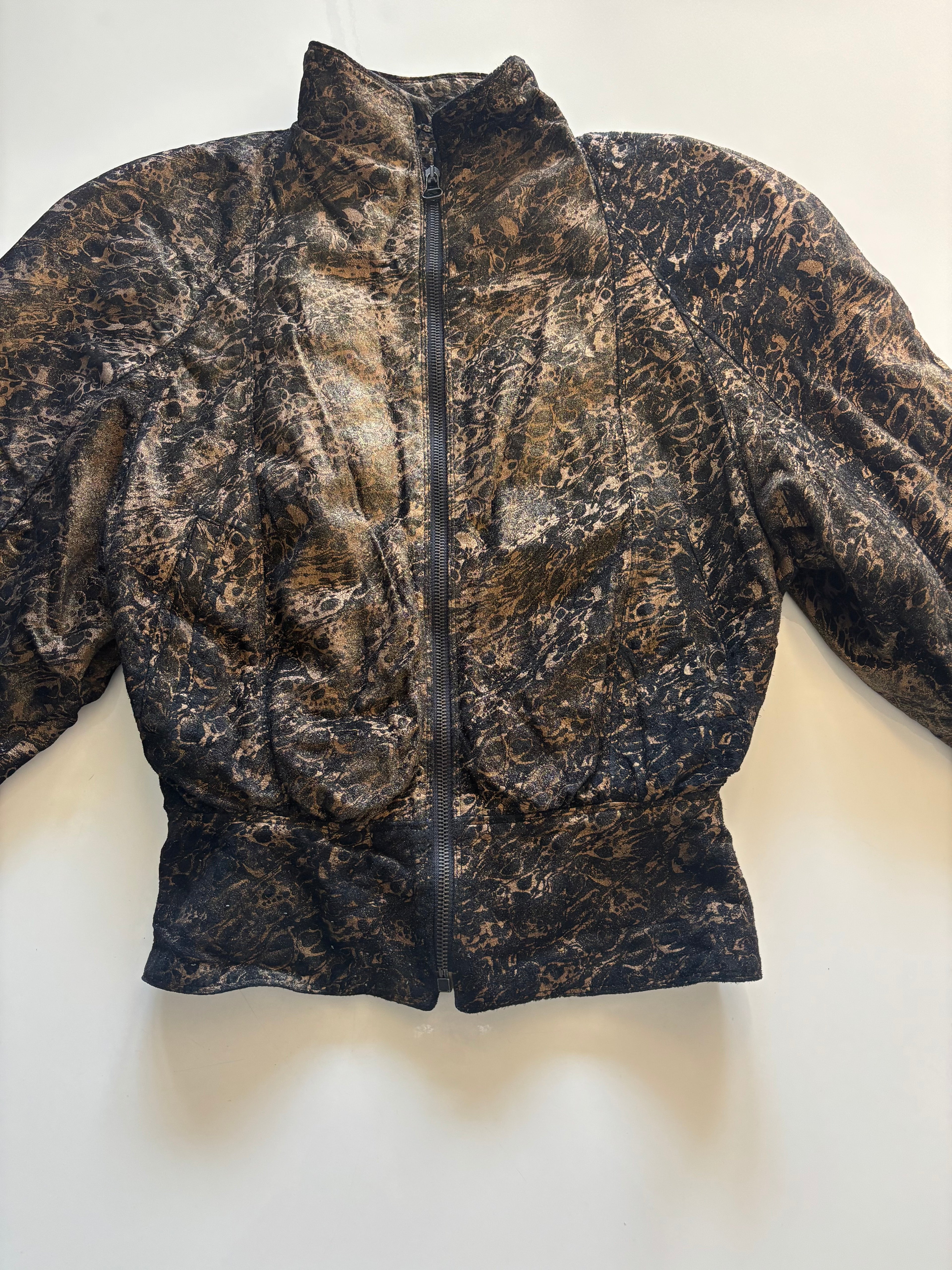 Vintage 80s Made in Italy Metallic Abstract Jacket – Zip Front, Pockets – UK 10–12