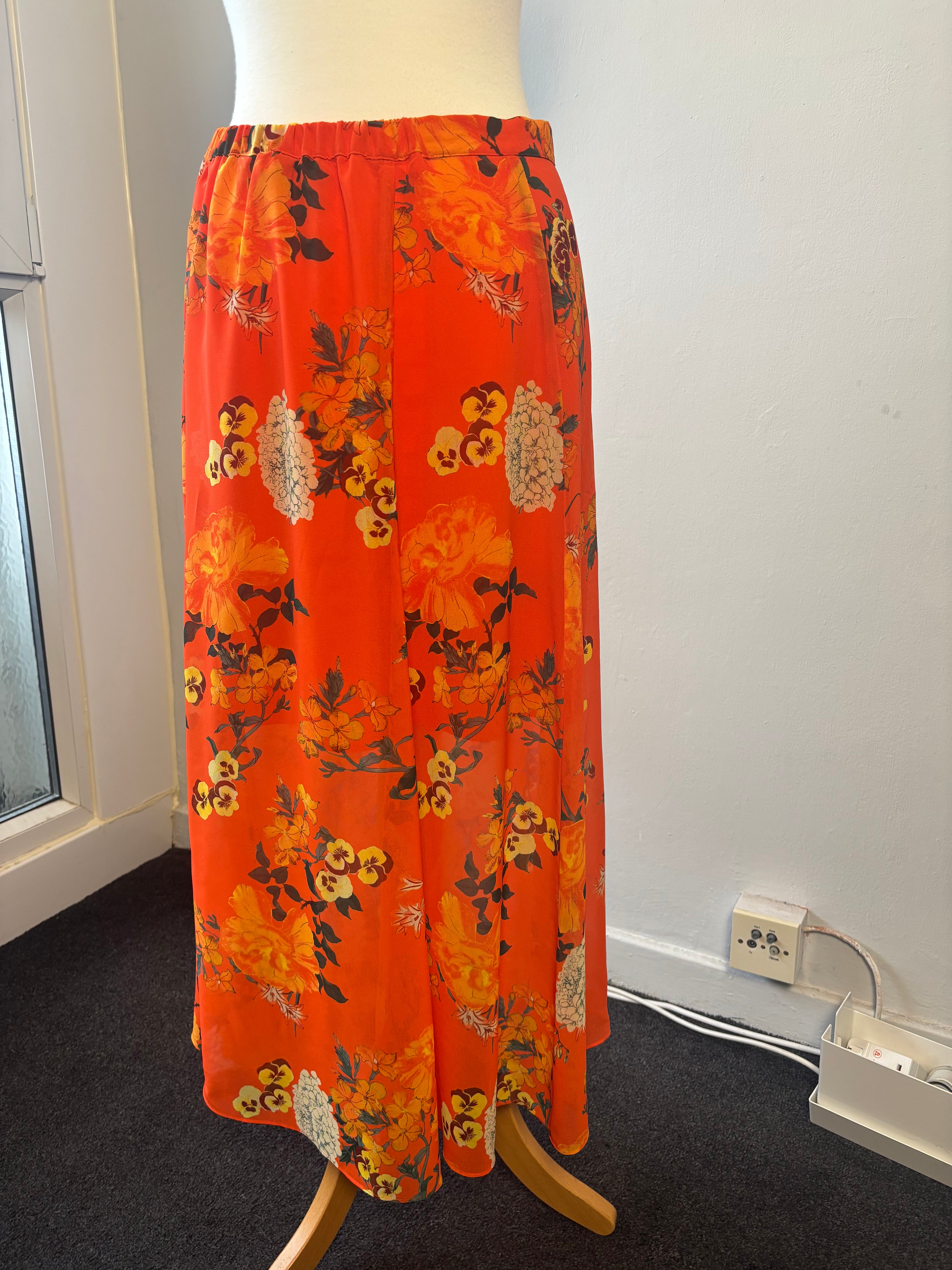 Karen Millen Orange Floral Midi Skirt – Button Front Floaty (UK 12)