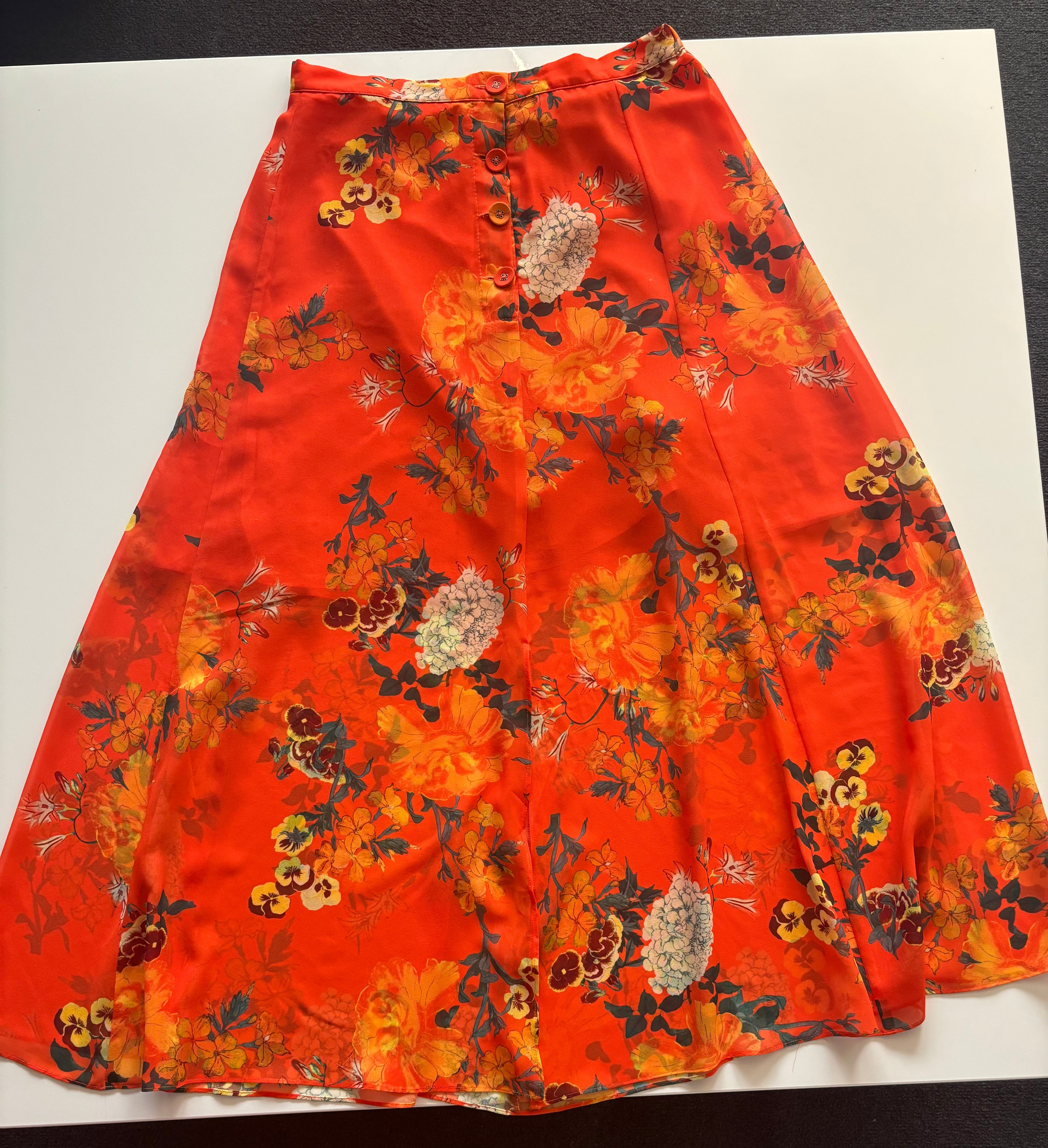 Karen Millen Orange Floral Midi Skirt – Button Front Floaty (UK 12)