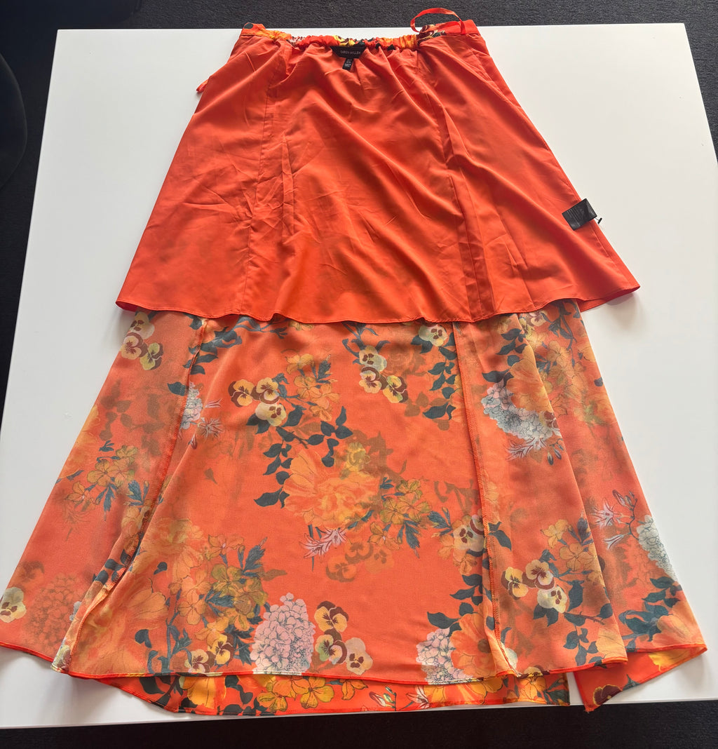Karen Millen Orange Floral Midi Skirt – Button Front Floaty (UK 12)