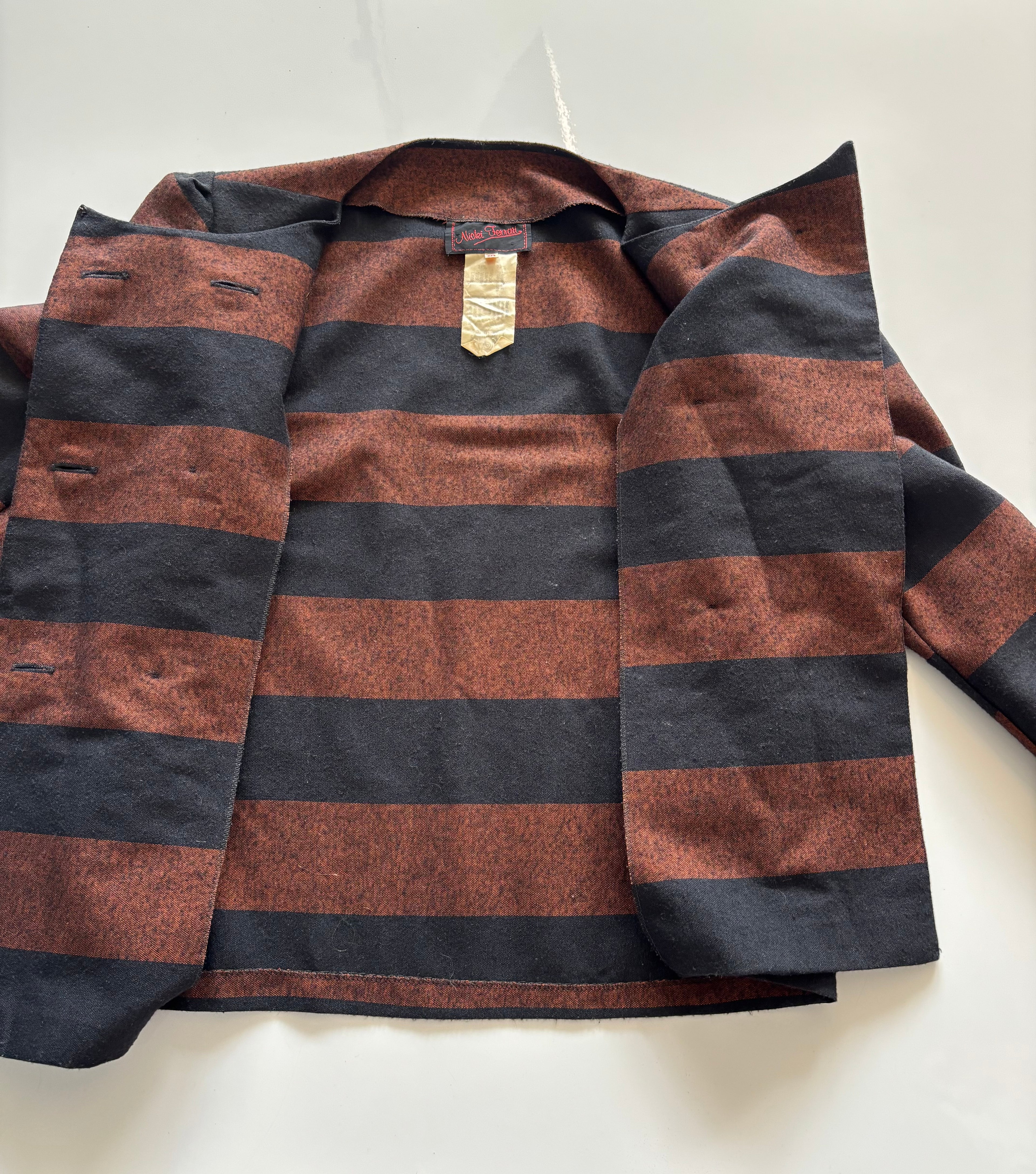 Nicole Farhi Striped Double-Breasted Jacket – Brown & Black | UK 10