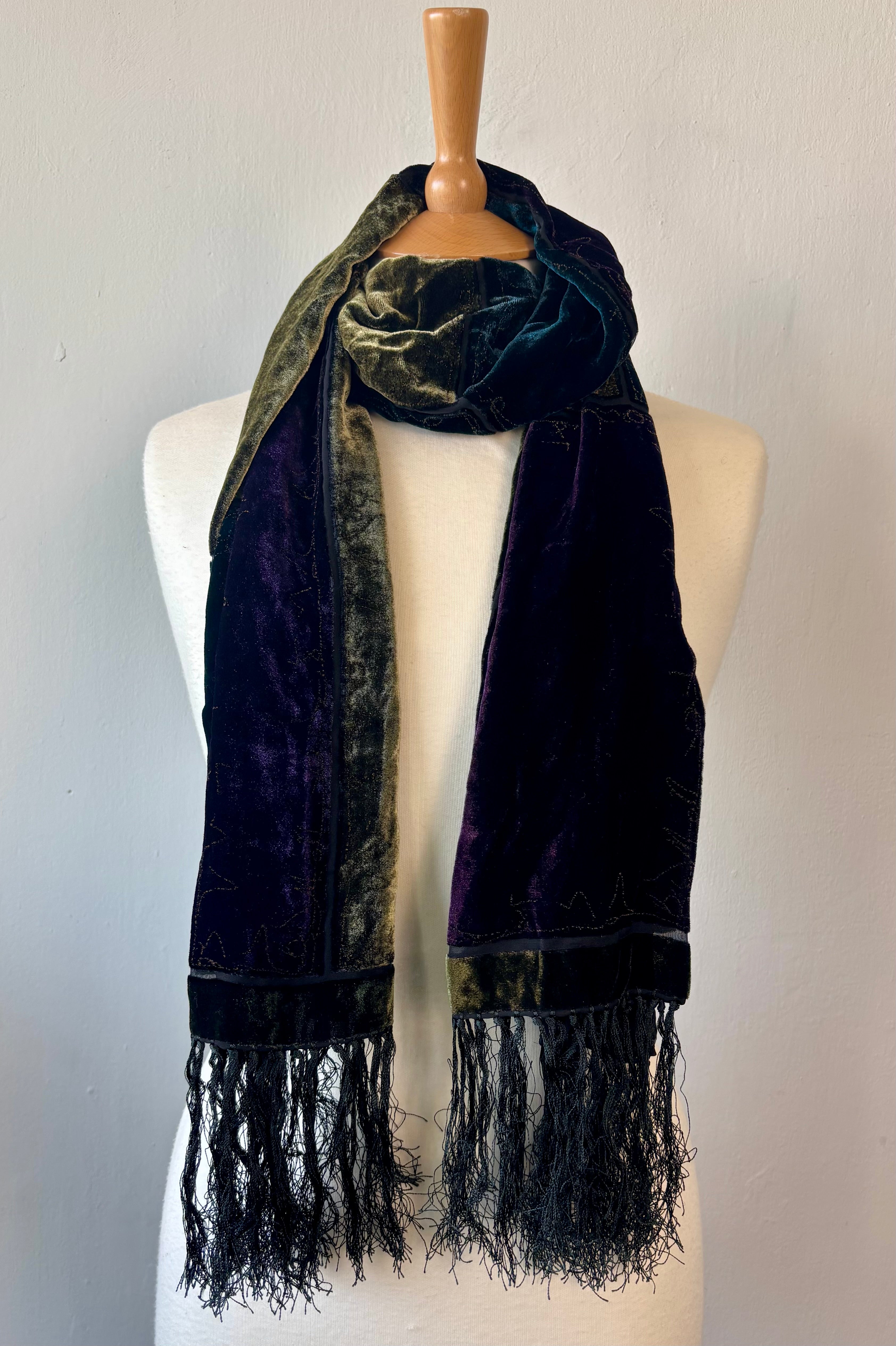 Vintage Besarani Velvet Patchwork Scarf – Silk Blend, Jewel Tones