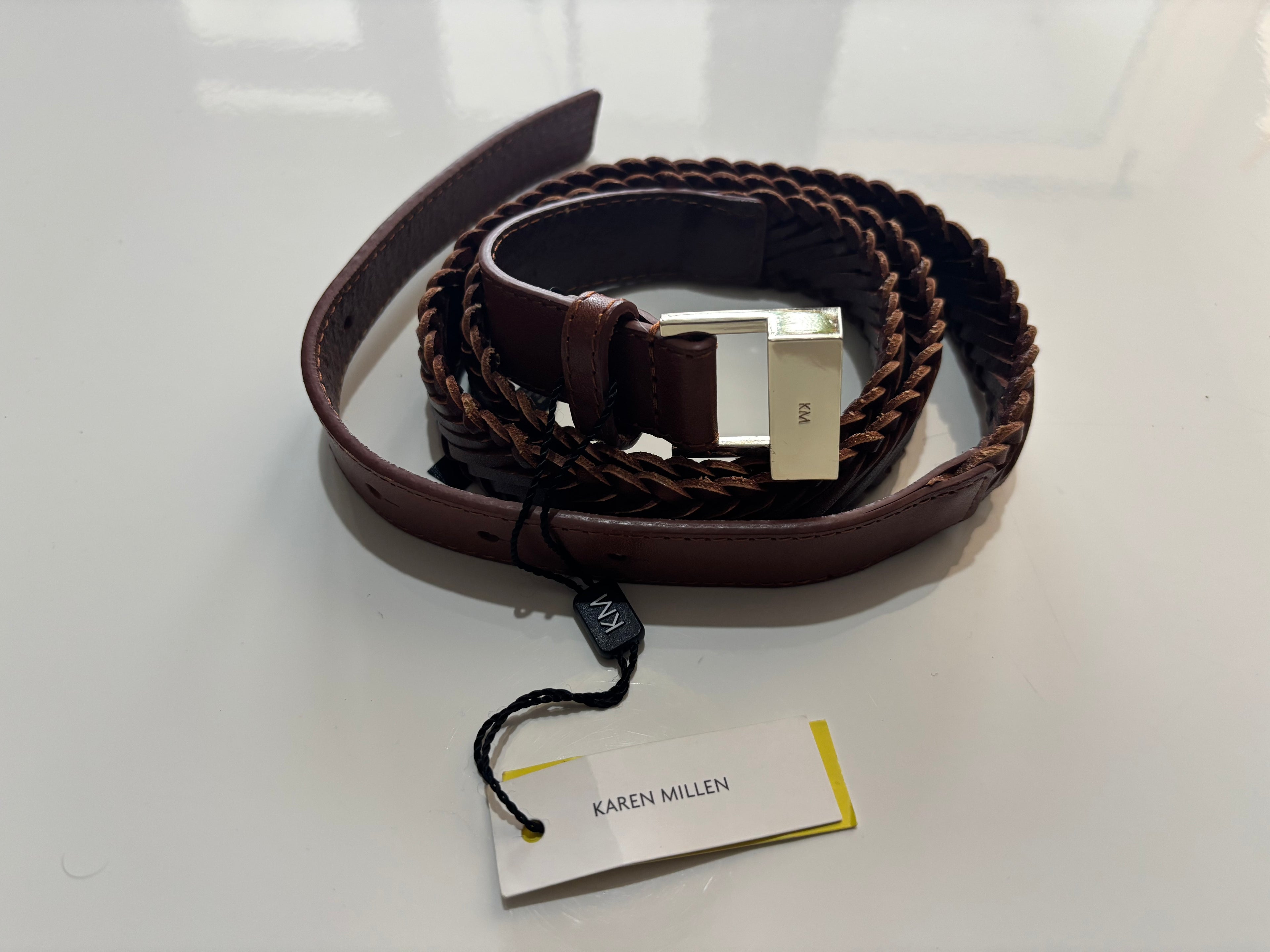 Karen Millen Tan Braided Leather Belt – Gold Buckle – New With Tags