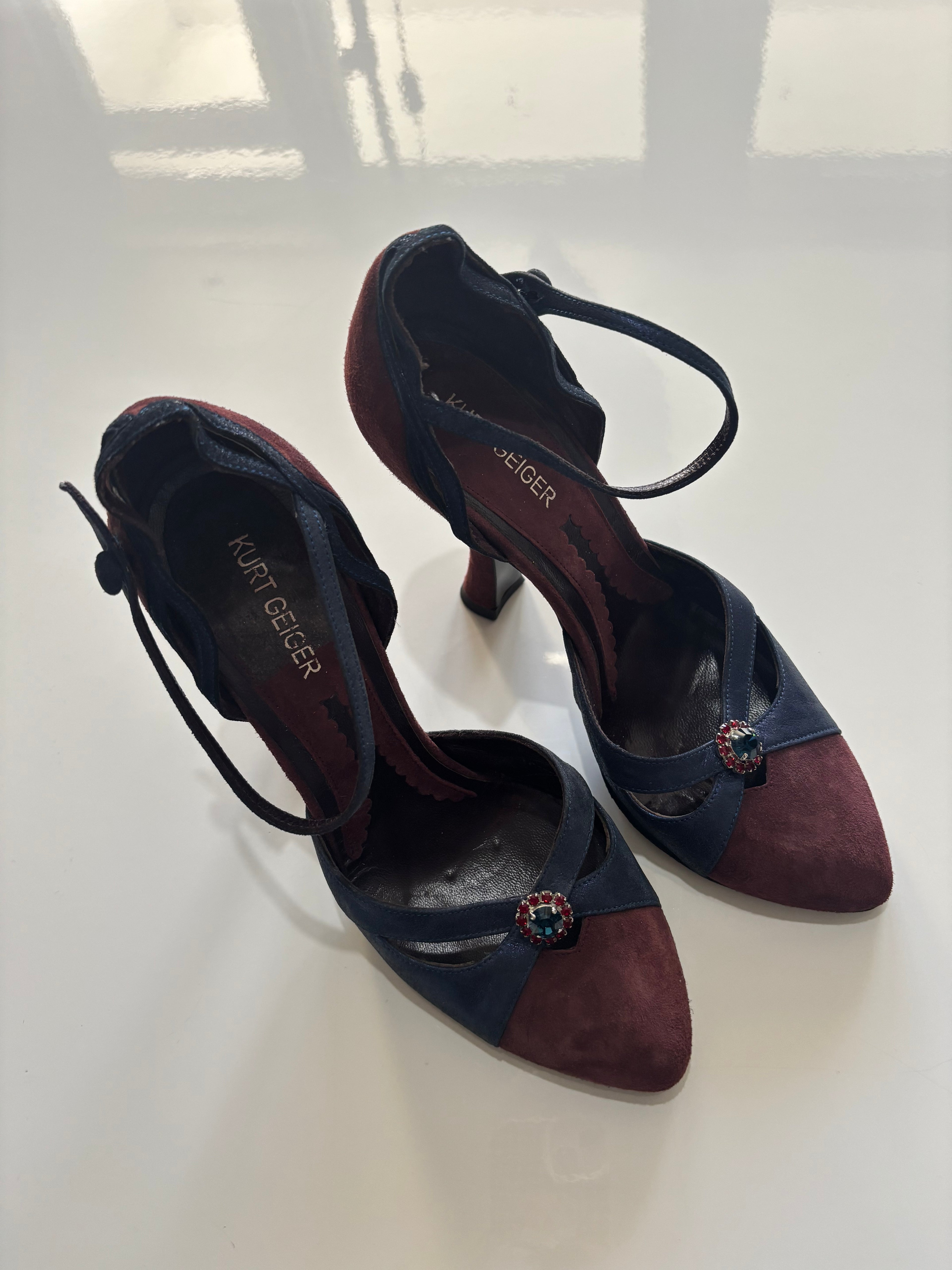 Kurt Geiger Suede Heels Burgundy & Navy – Made in Italy Ankle Strap Court Shoes UK 5