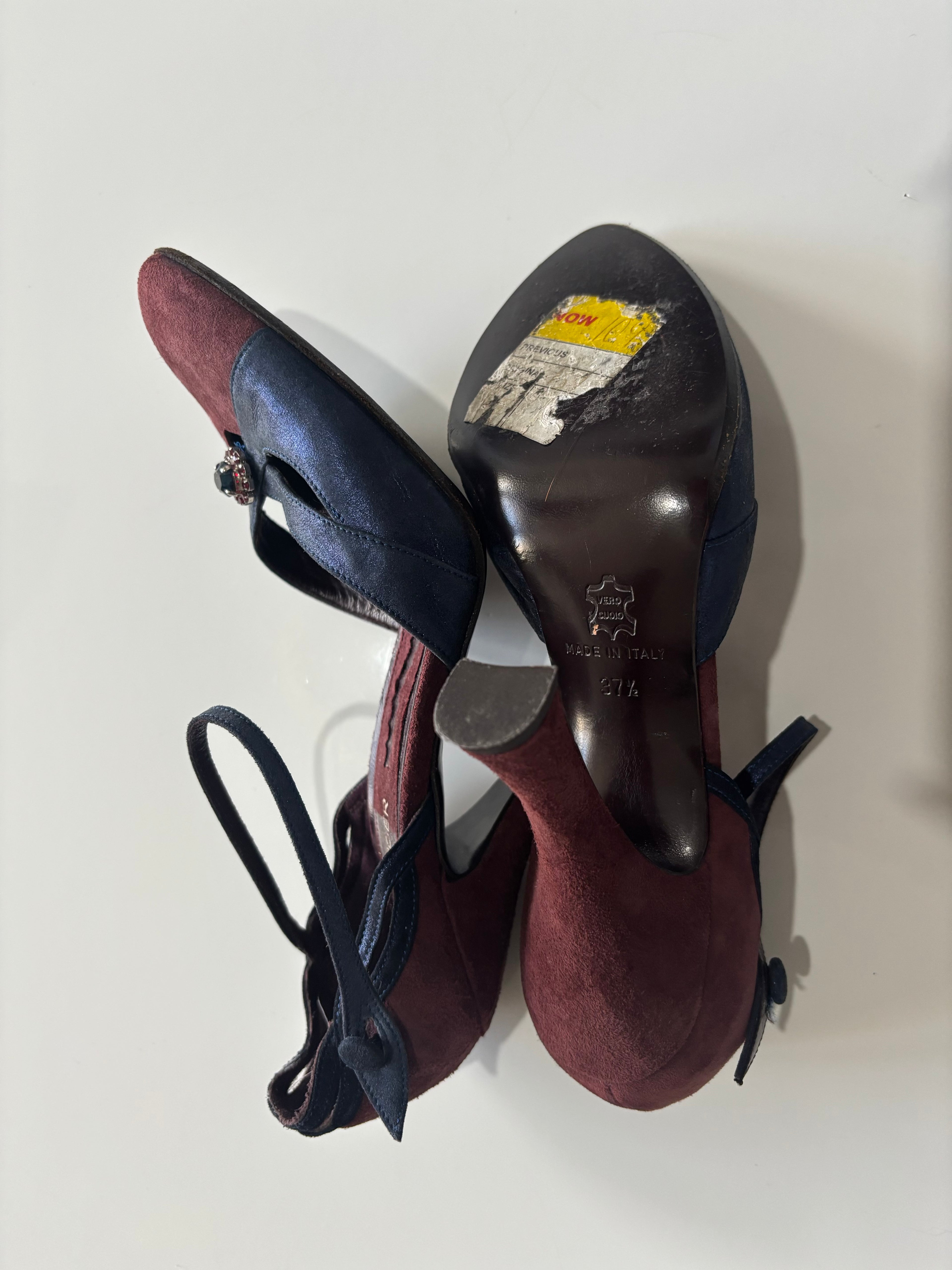 Kurt Geiger Suede Heels Burgundy & Navy – Made in Italy Ankle Strap Court Shoes UK 5