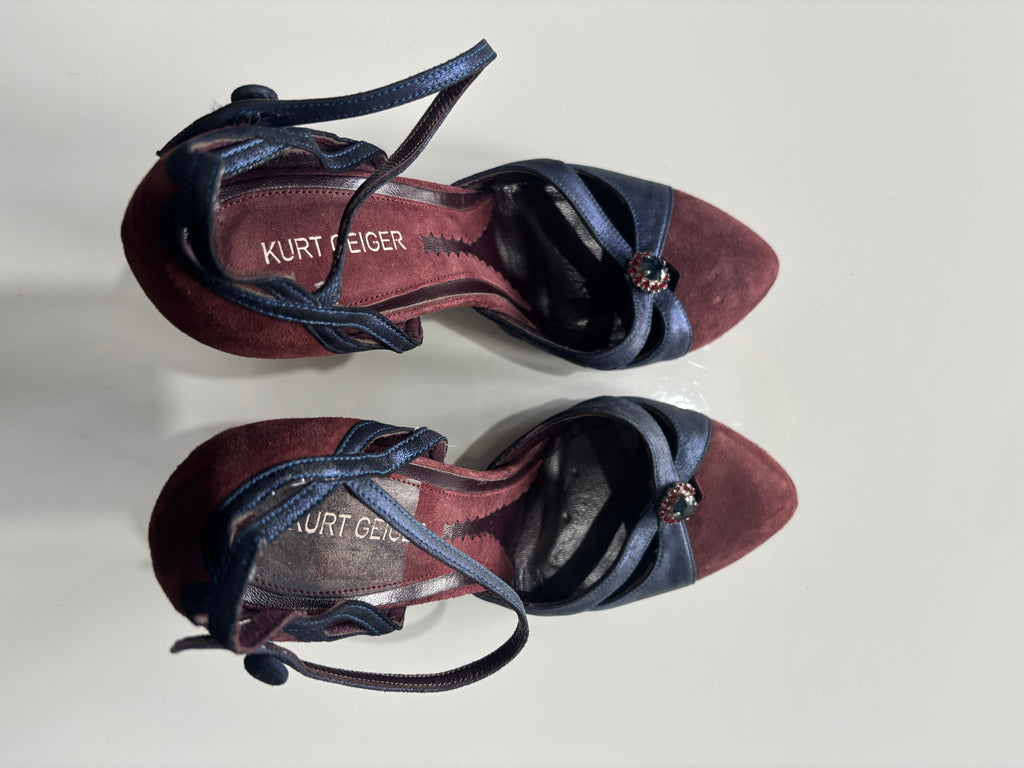 Kurt Geiger Suede Heels Burgundy & Navy – Made in Italy Ankle Strap Court Shoes UK 5