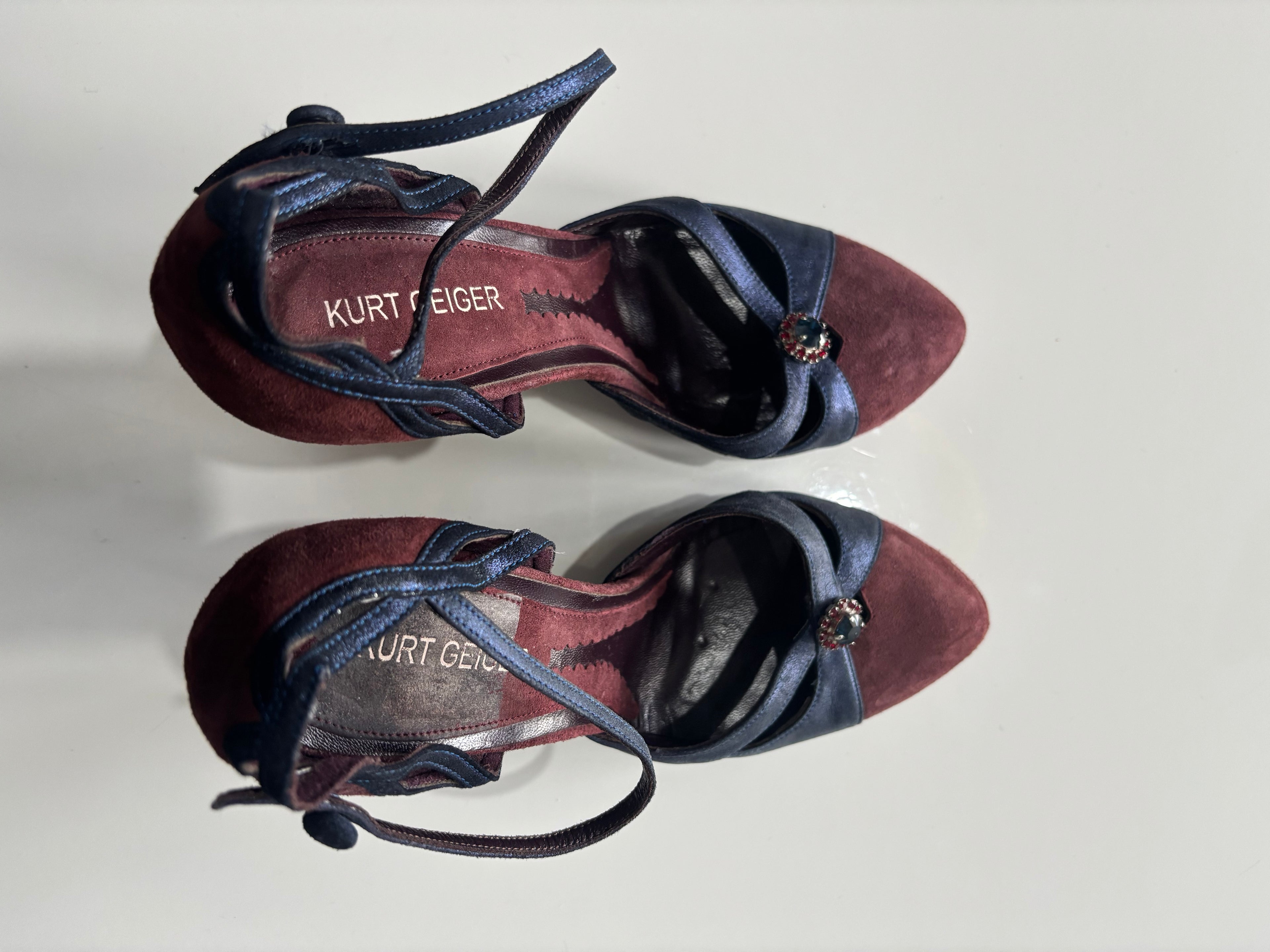 Kurt Geiger Suede Heels Burgundy & Navy – Made in Italy Ankle Strap Court Shoes UK 5