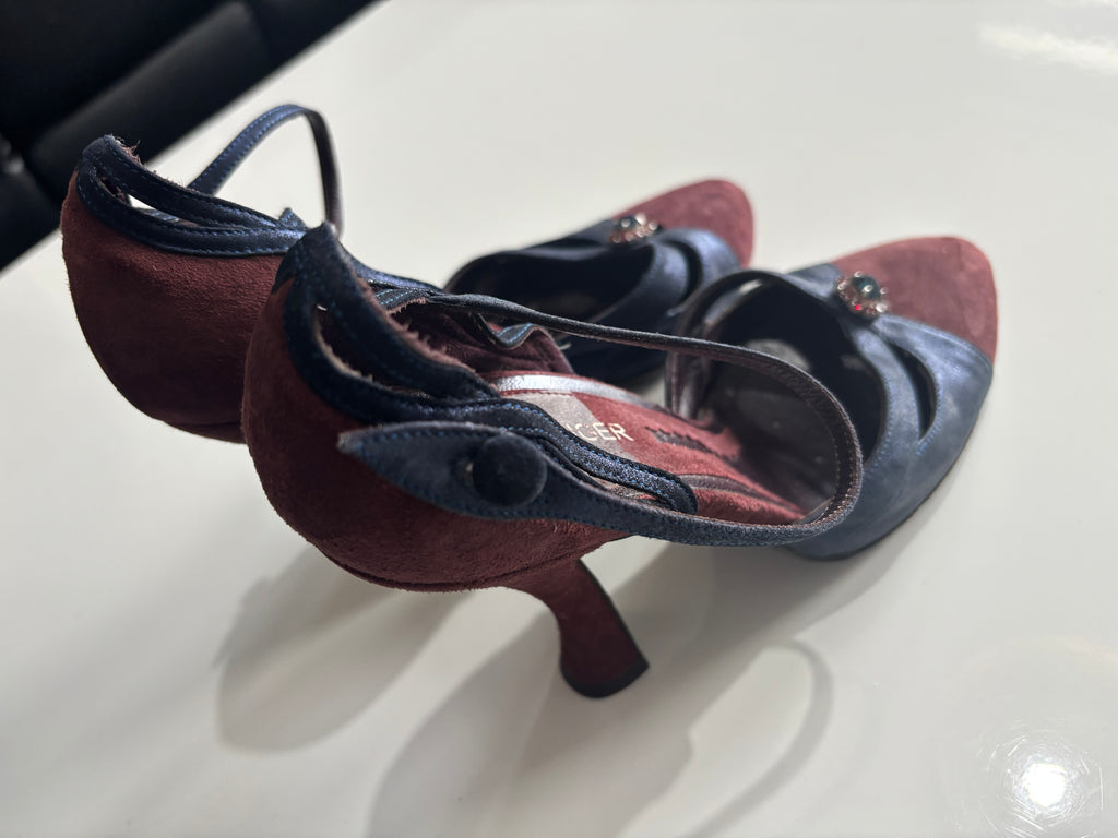 Kurt Geiger Suede Heels Burgundy & Navy – Made in Italy Ankle Strap Court Shoes UK 5