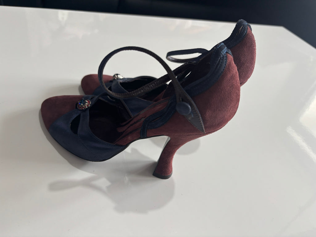 Kurt Geiger Suede Heels Burgundy & Navy – Made in Italy Ankle Strap Court Shoes UK 5