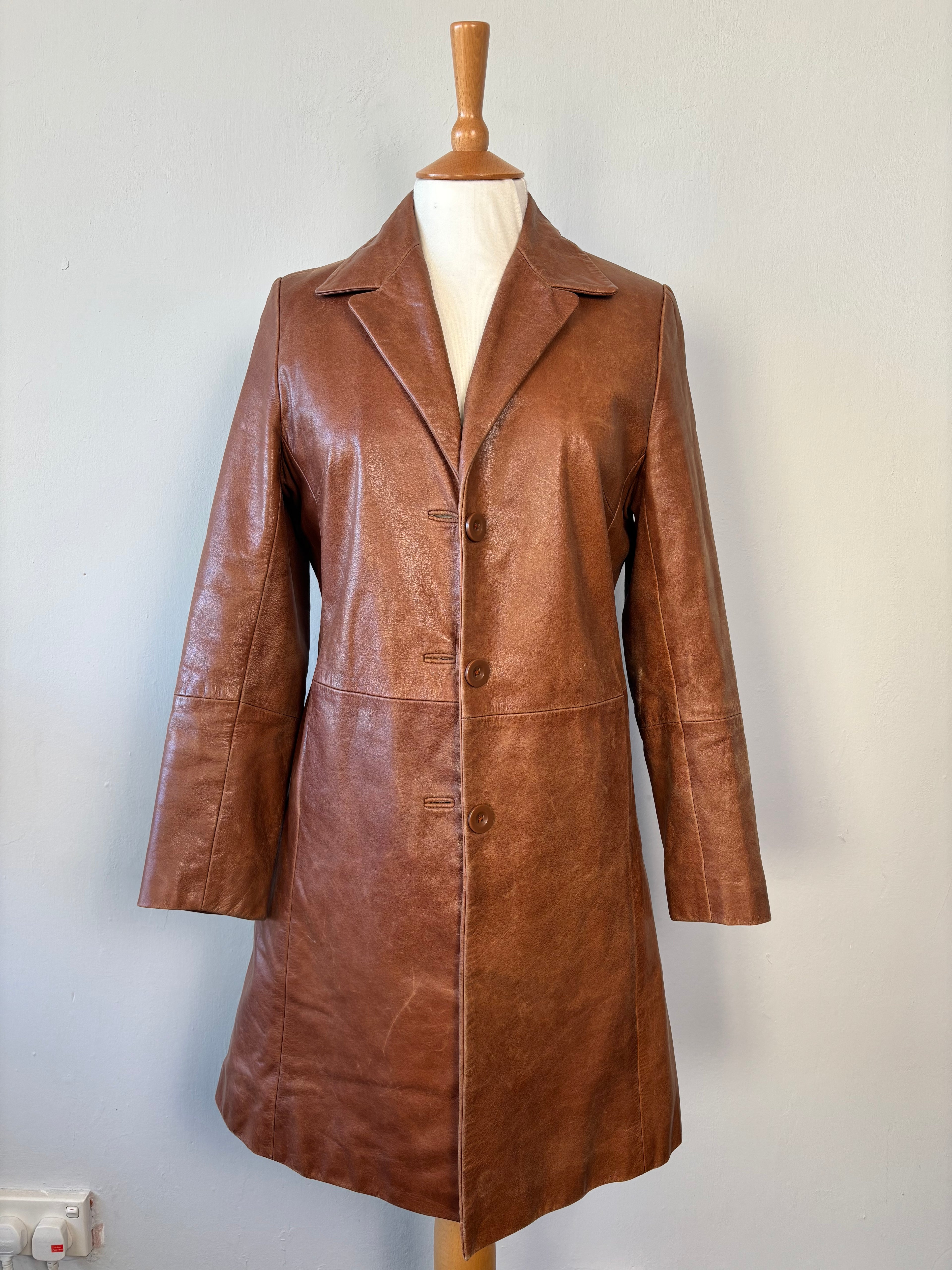 Vintage Tomahawk Leather Coat – Caramel Brown Tailored Jacket (UK 8–10)