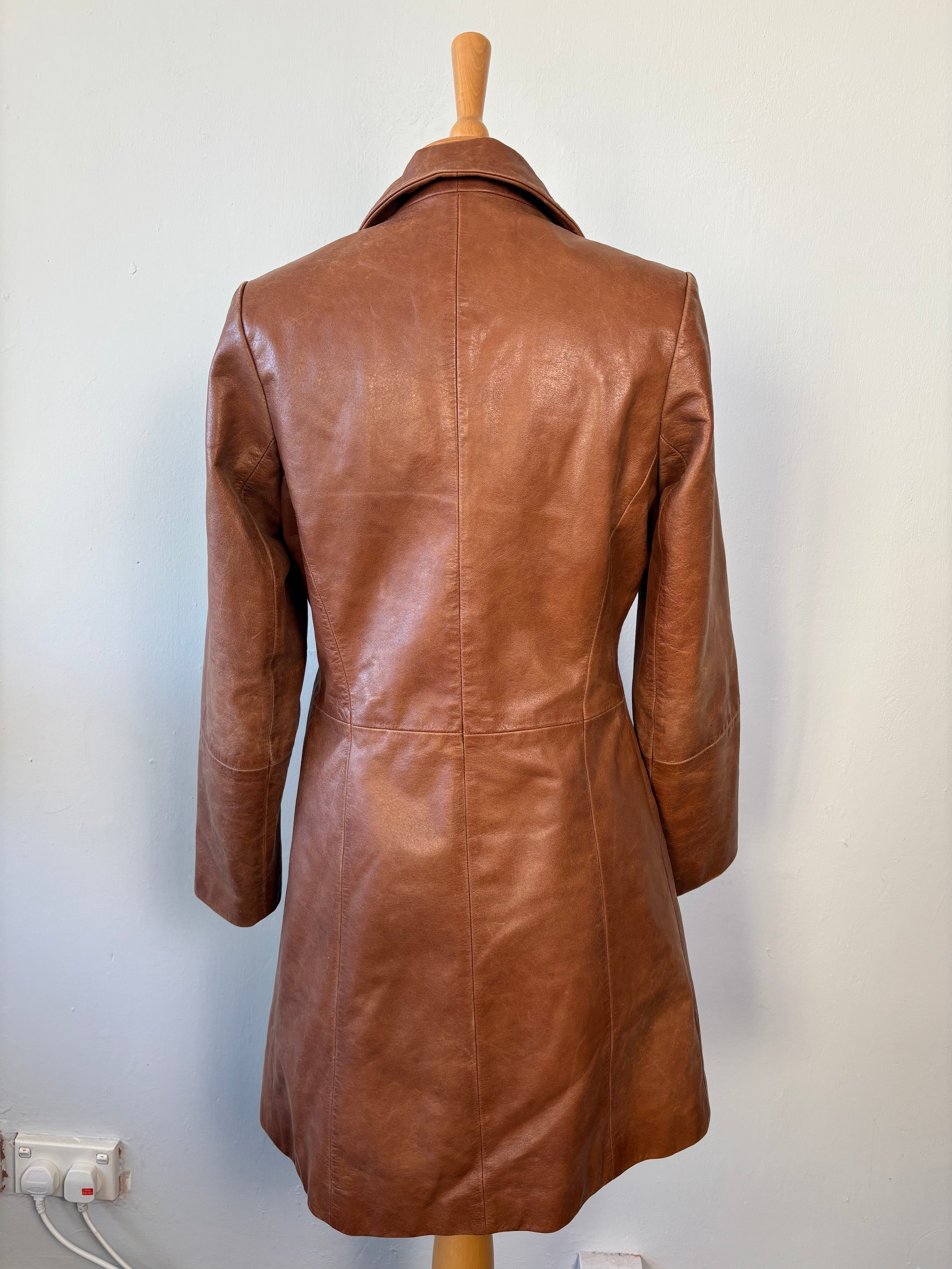 Vintage Tomahawk Leather Coat – Caramel Brown Tailored Jacket (UK 8–10)