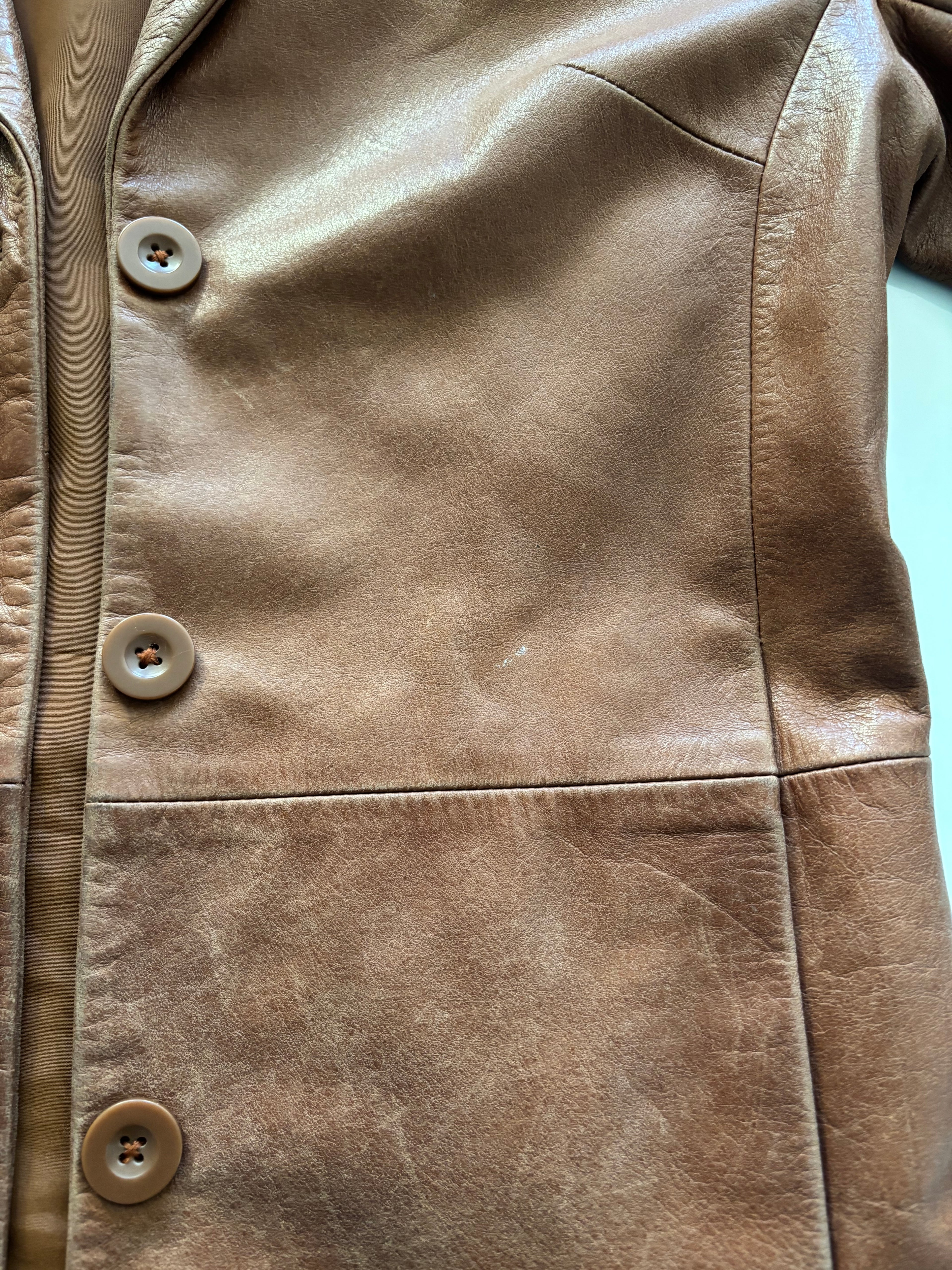 Vintage Tomahawk Leather Coat – Caramel Brown Tailored Jacket (UK 8–10)