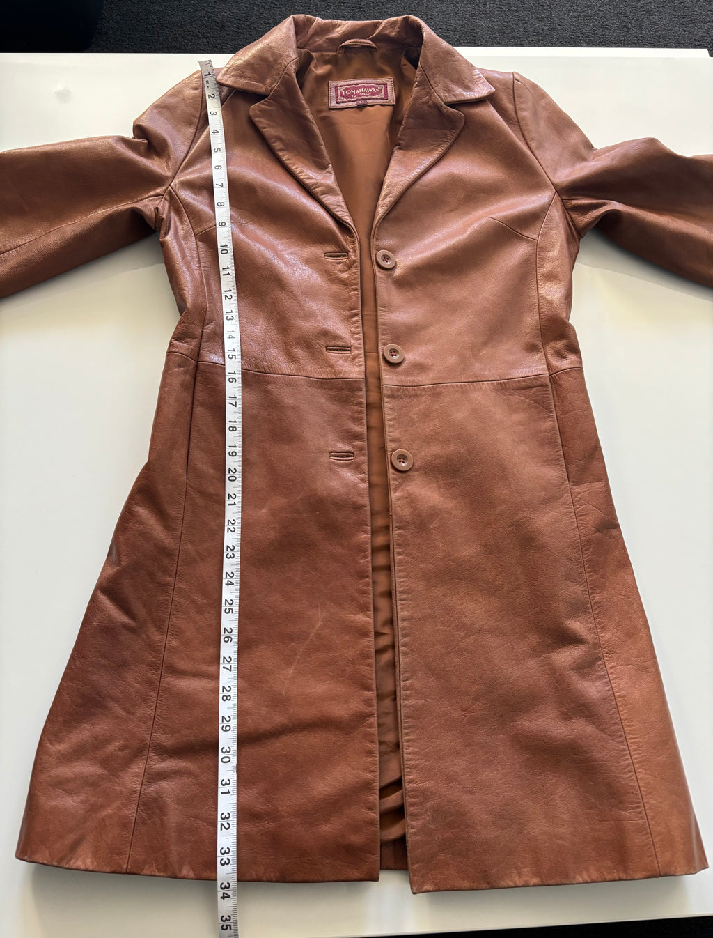 Vintage Tomahawk Leather Coat – Caramel Brown Tailored Jacket (UK 8–10)