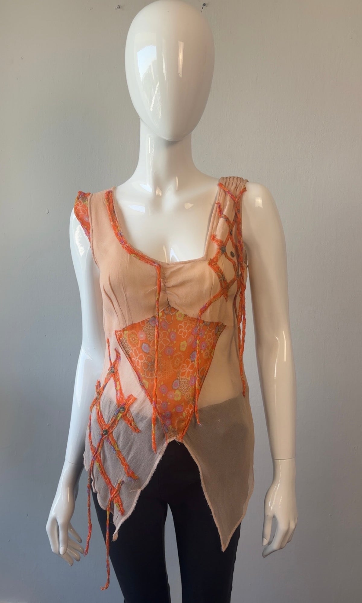 Estafania Sheer Patchwork Asymmetric Artwear Top – Size 3