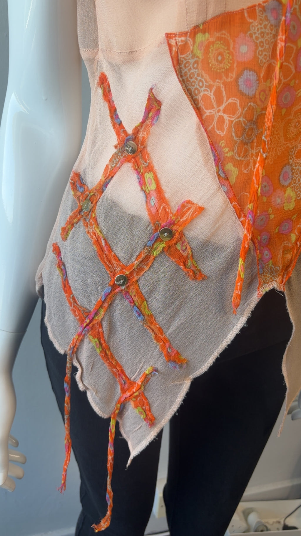 Estafania Sheer Patchwork Asymmetric Artwear Top – Size 3