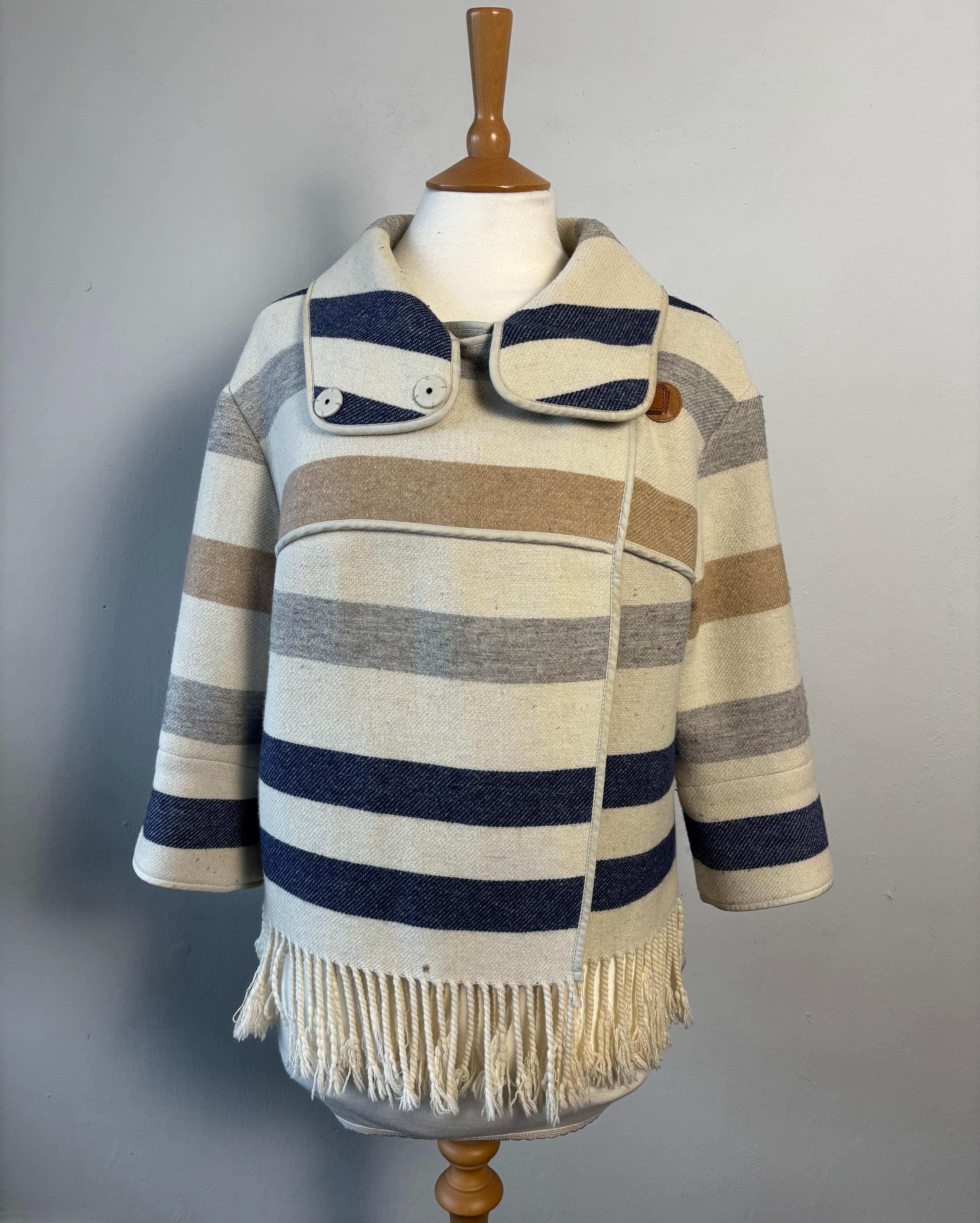 Karen Millen Wool Blend Striped Cape Poncho – Fringe Hem – UK 12
