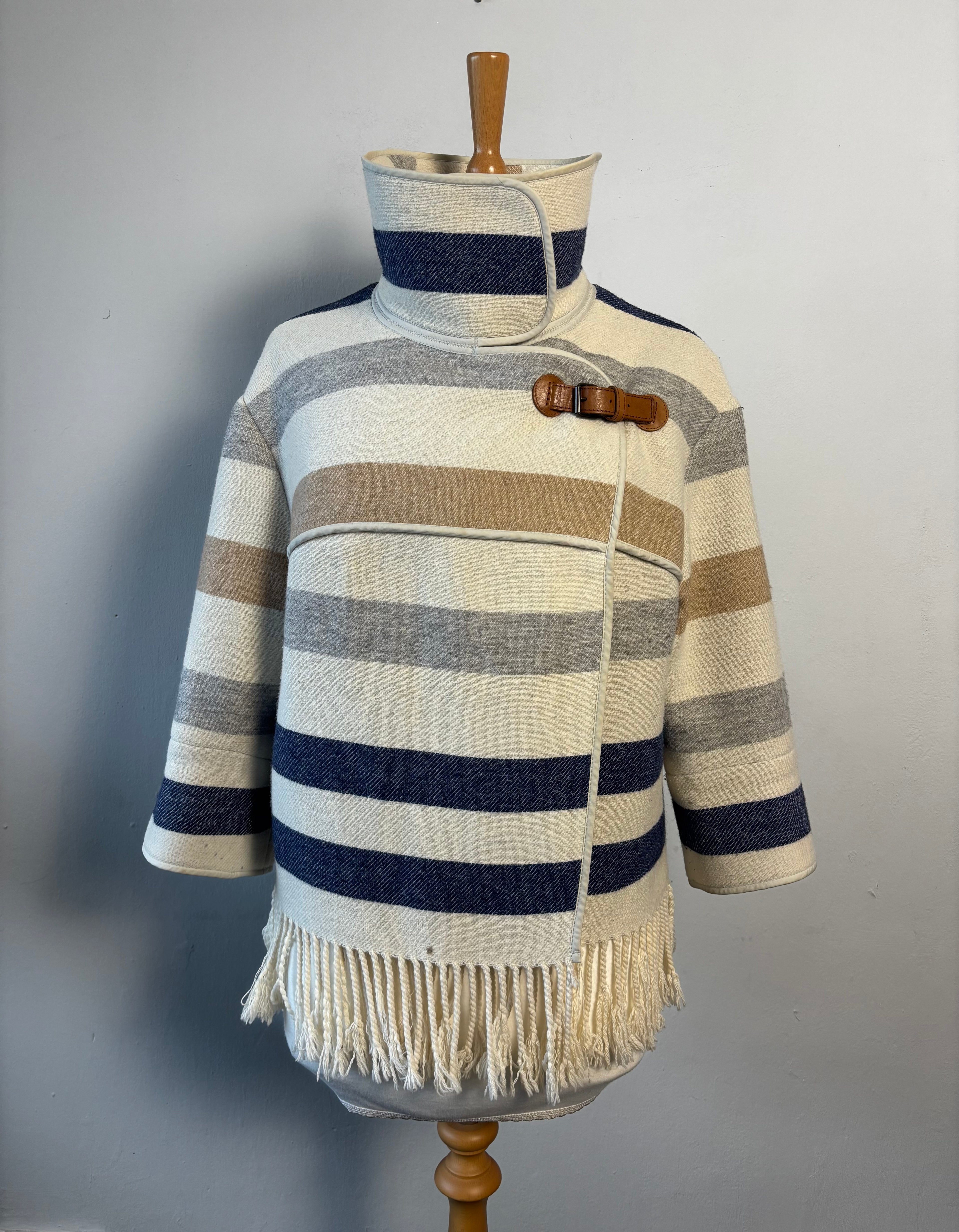 Karen Millen Wool Blend Striped Cape Poncho – Fringe Hem – UK 12