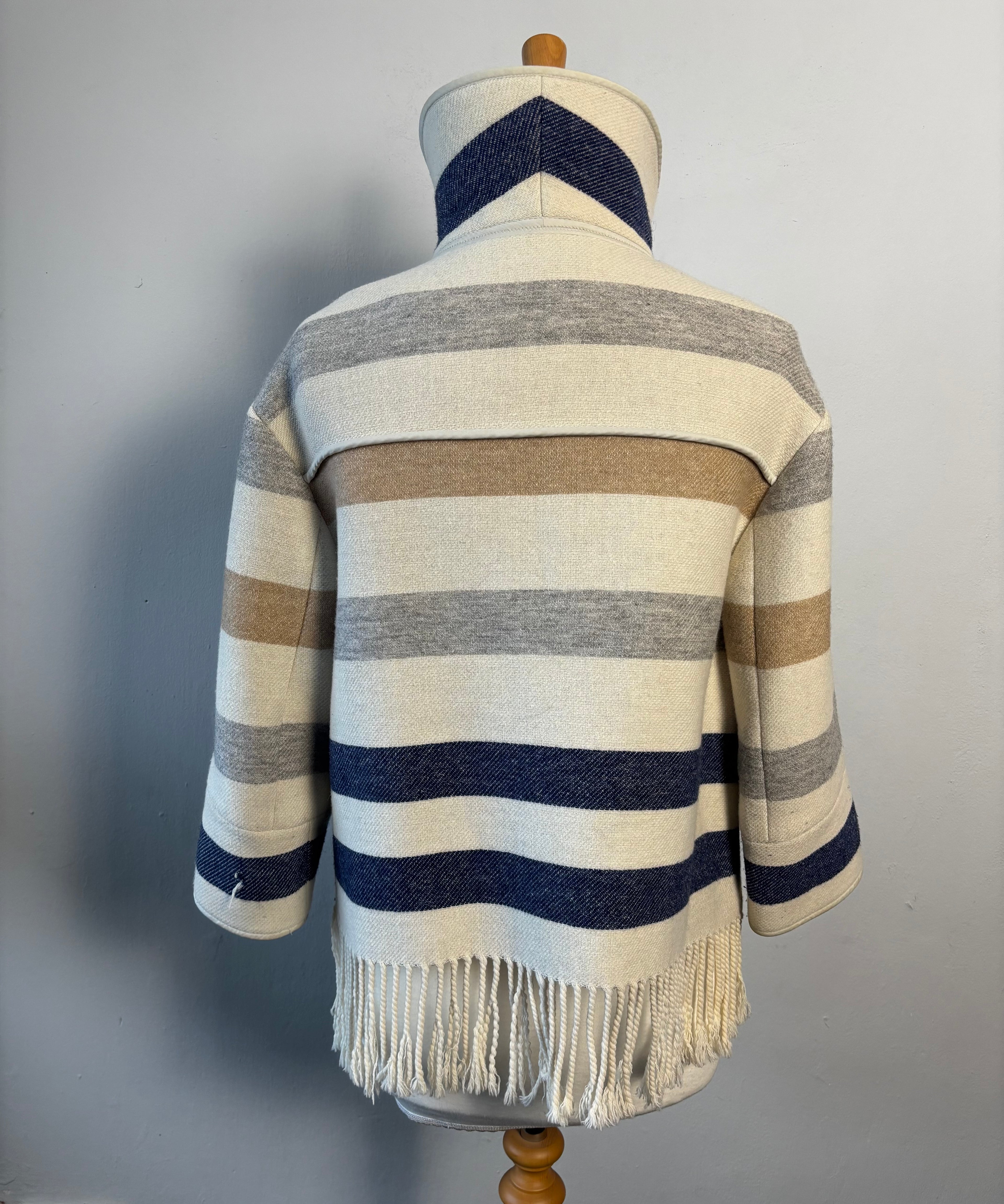 Karen Millen Wool Blend Striped Cape Poncho – Fringe Hem – UK 12