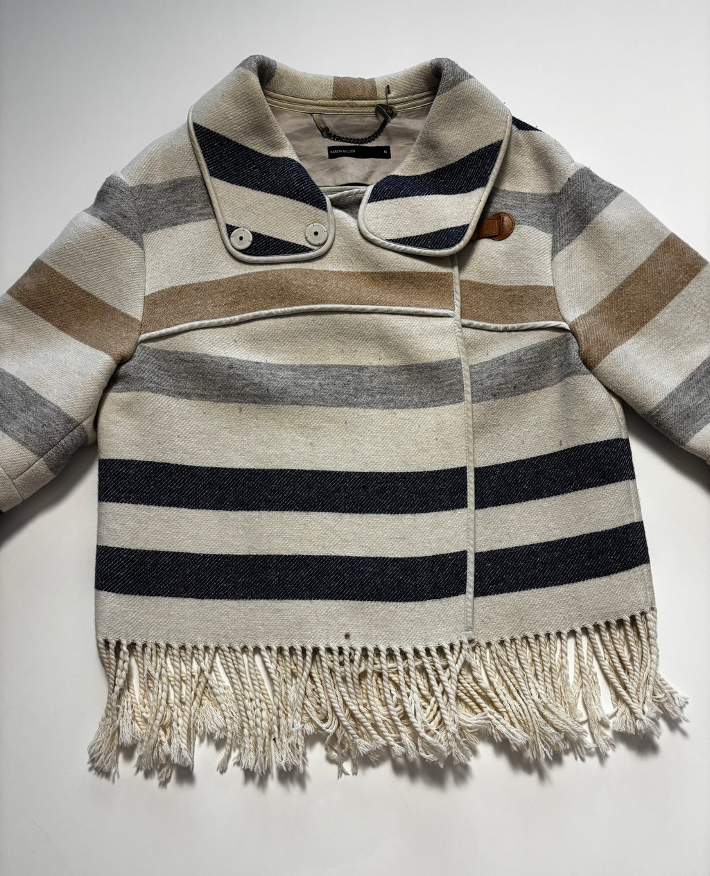 Karen Millen Wool Blend Striped Cape Poncho – Fringe Hem – UK 12