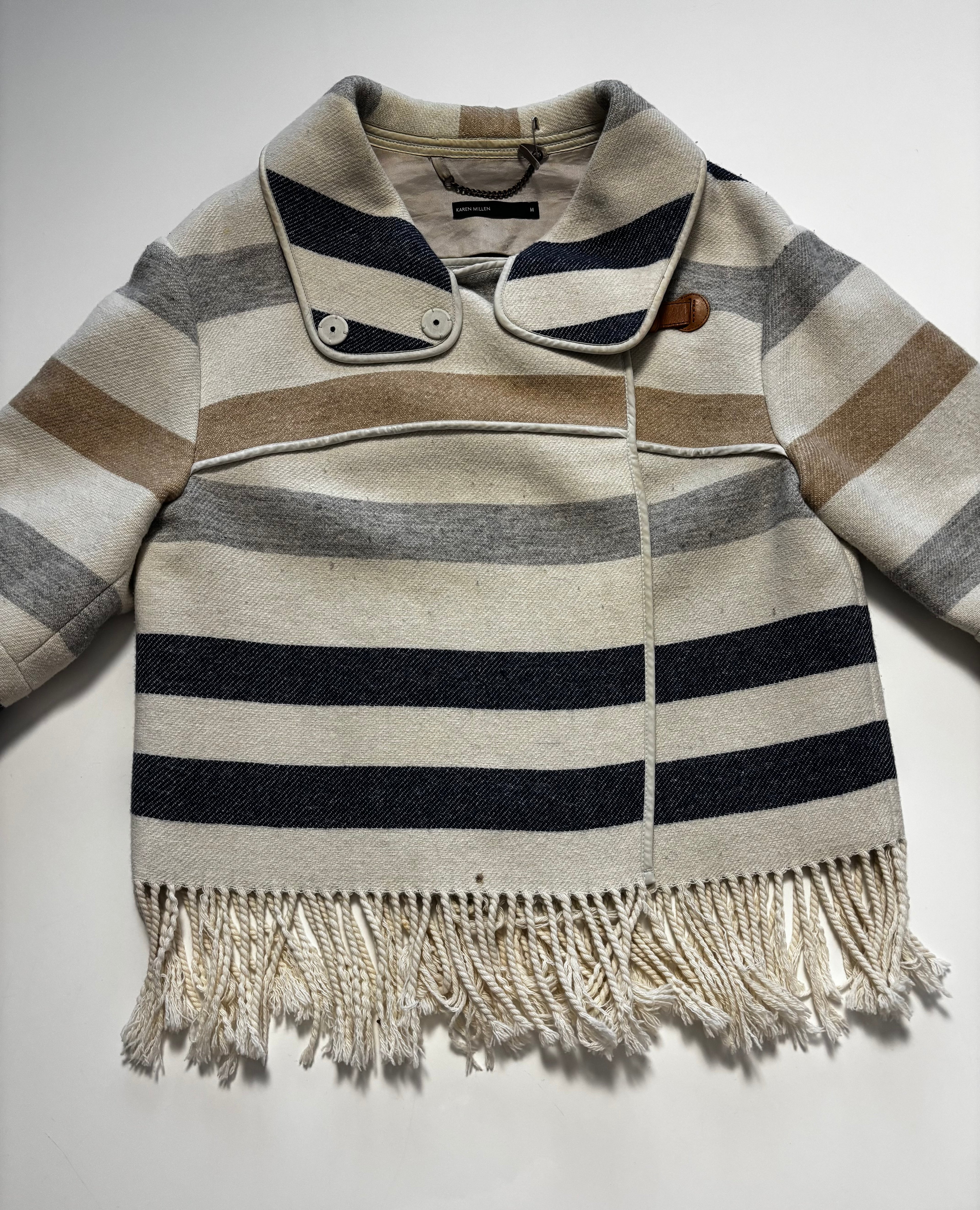 Karen Millen Wool Blend Striped Cape Poncho – Fringe Hem – UK 12