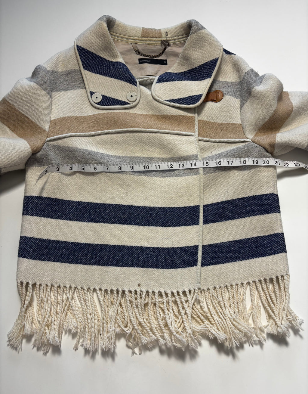 Karen Millen Wool Blend Striped Cape Poncho – Fringe Hem – UK 12