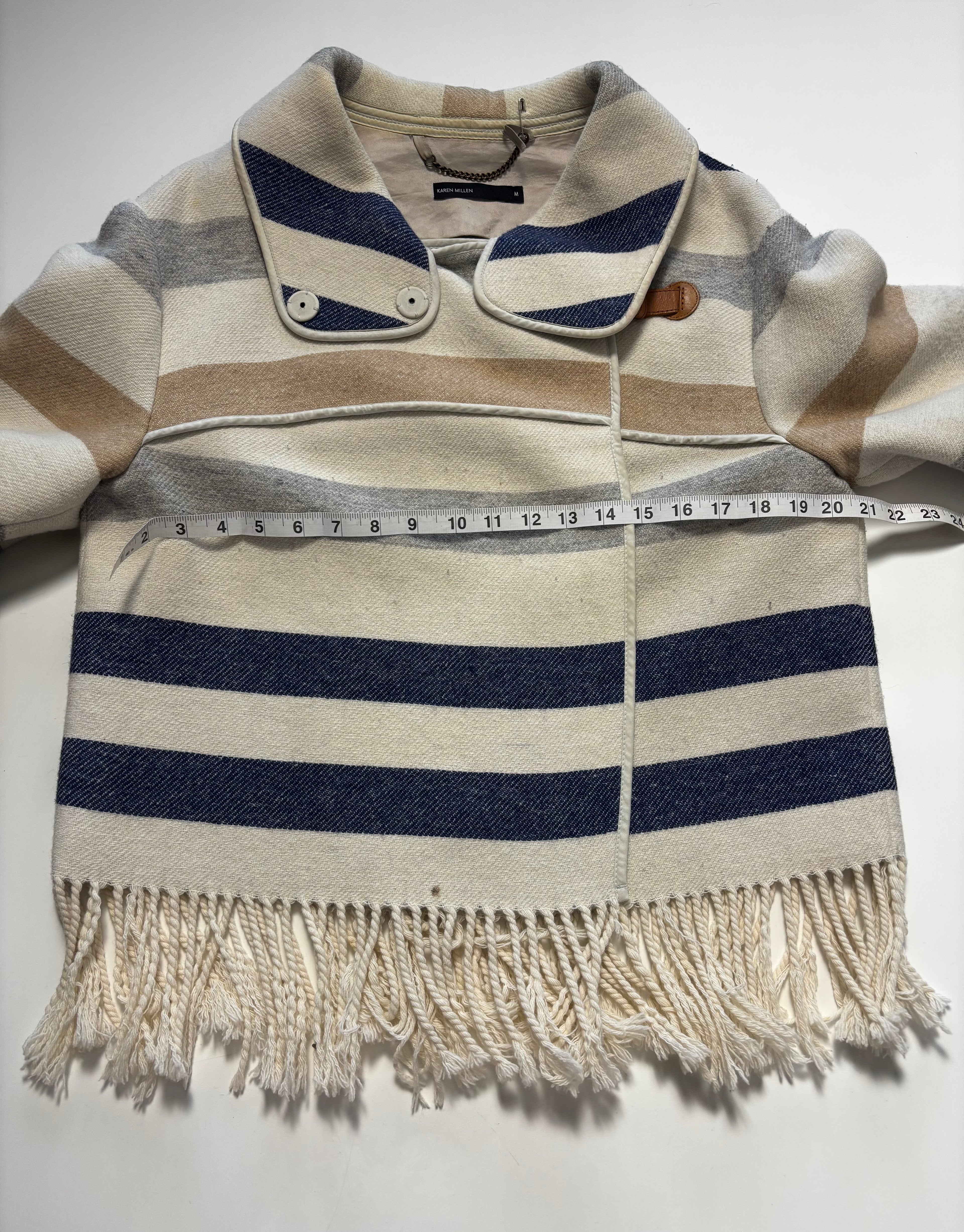 Karen Millen Wool Blend Striped Cape Poncho – Fringe Hem – UK 12
