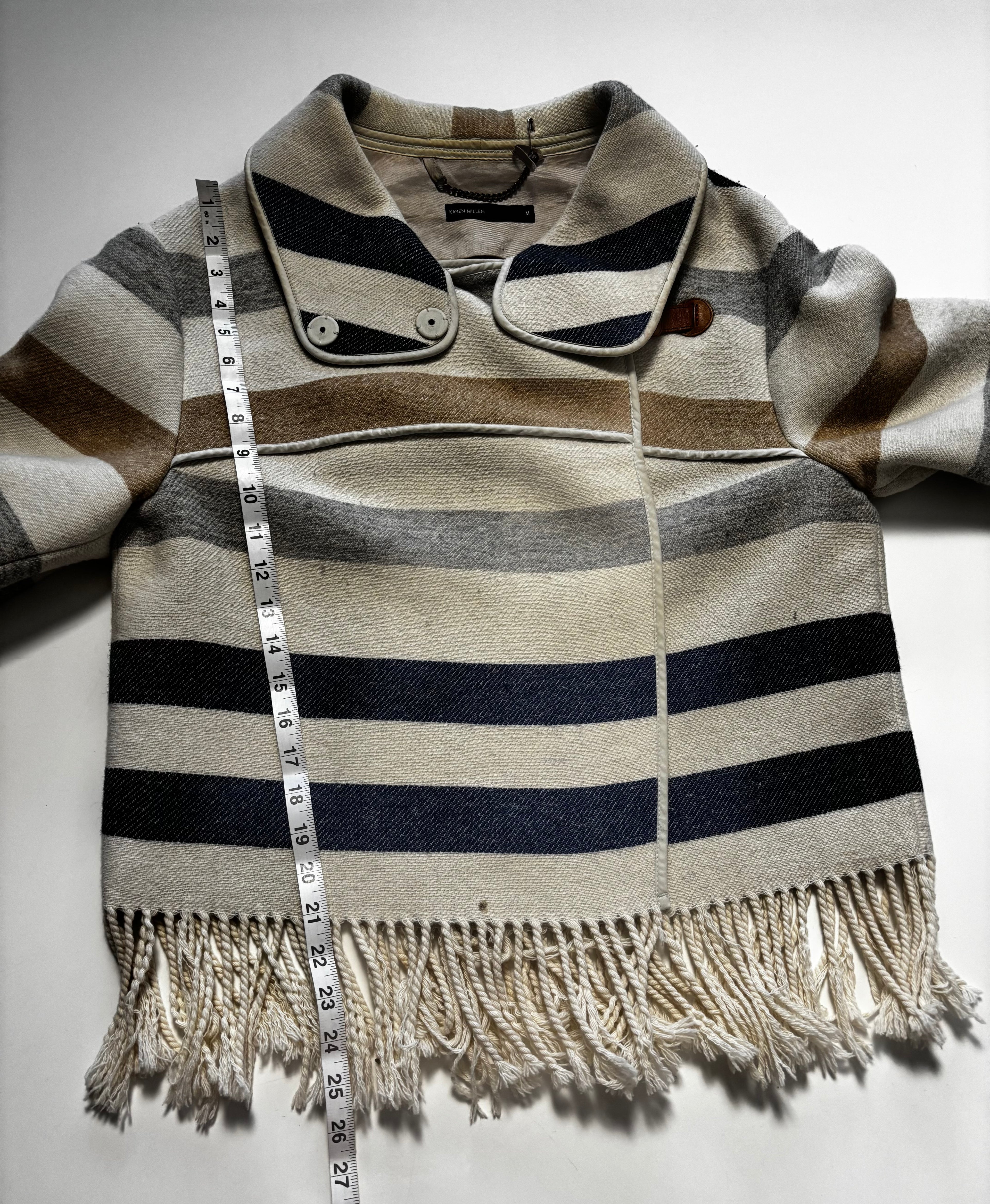 Karen Millen Wool Blend Striped Cape Poncho – Fringe Hem – UK 12