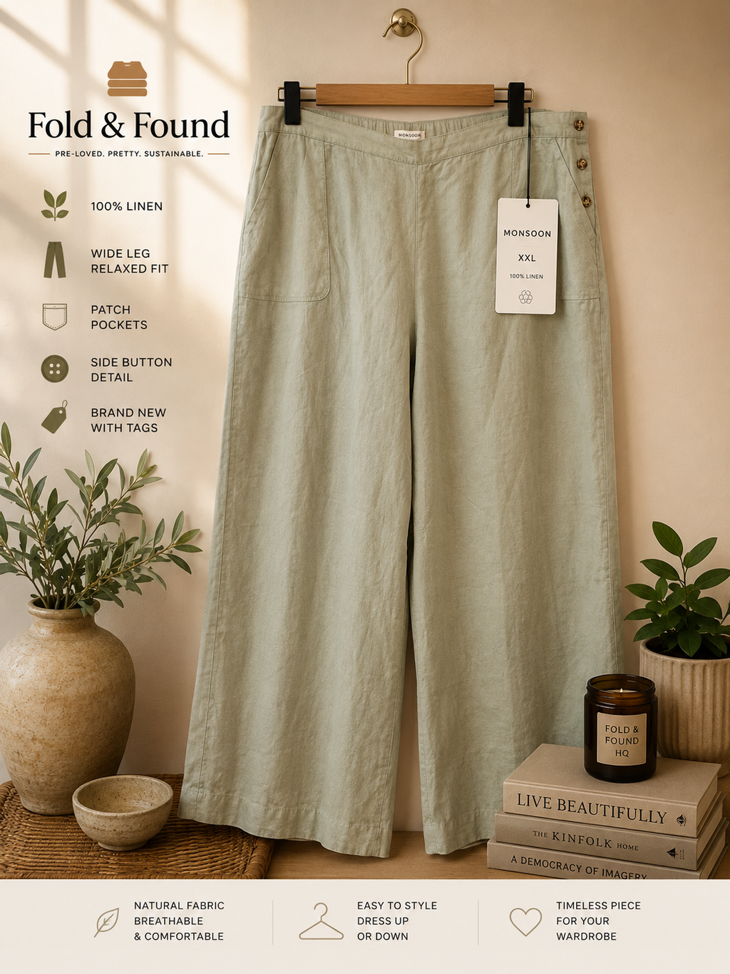 Monsoon 100% Linen Wide Leg Trousers Khaki Green XXL BNWT