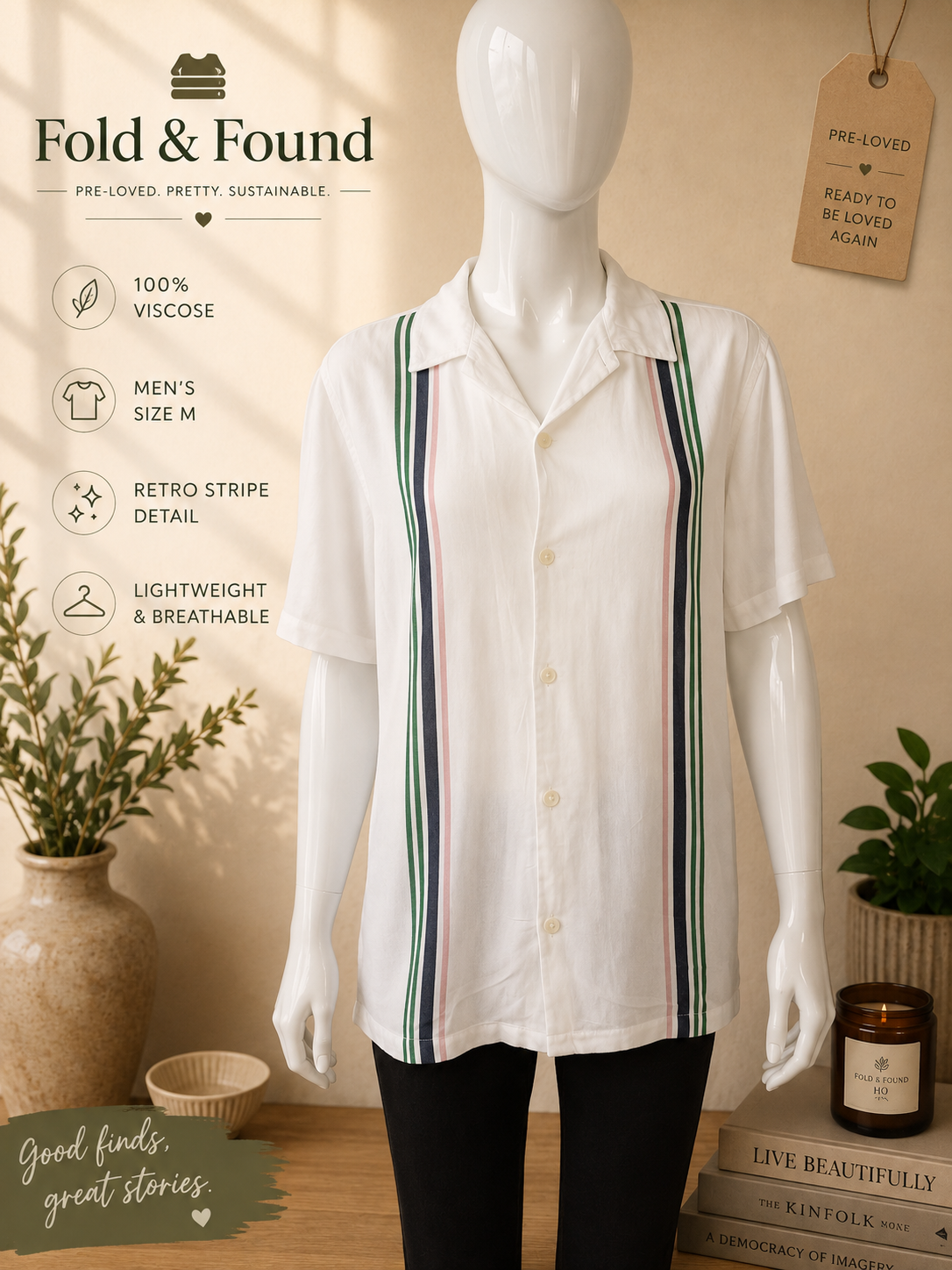 Zara Men’s Retro Stripe Short Sleeve Shirt White Green Pink Size M