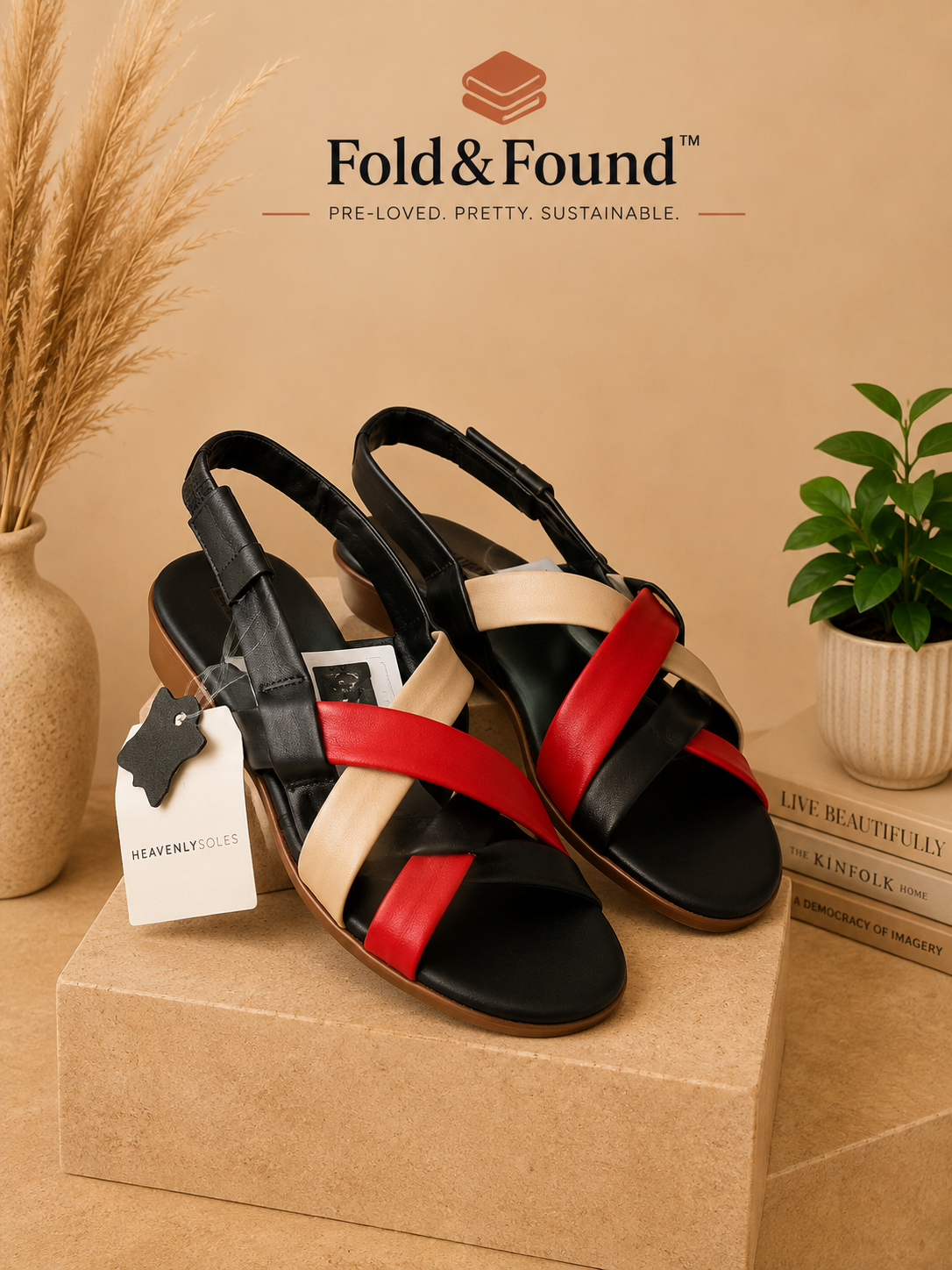 Heavenly Soles Colour Block Slingback Sandals Red Cream Black UK 5 New With Tags