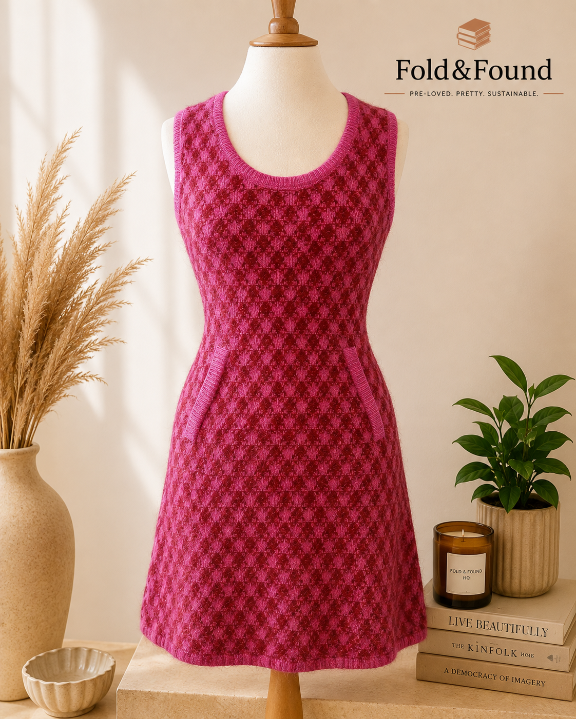 Zara Pink Burgundy Textured Knit Mini Dress Size M Sleeveless A-Line Pockets