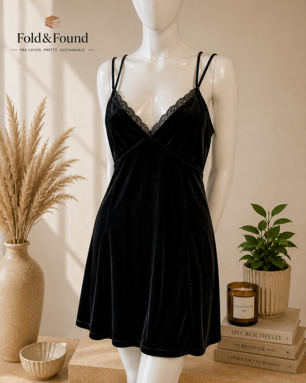 Black Velvet Lace Trim Strappy Nightdress – Size Unknown