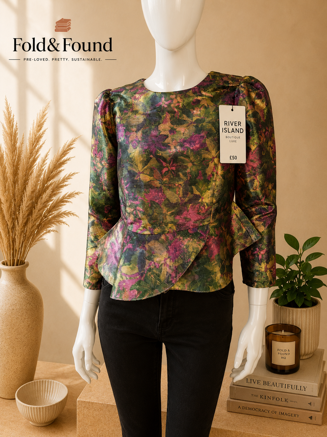 River Island Boutique Luxe Metallic Floral Peplum Top – UK 12 – BNWT