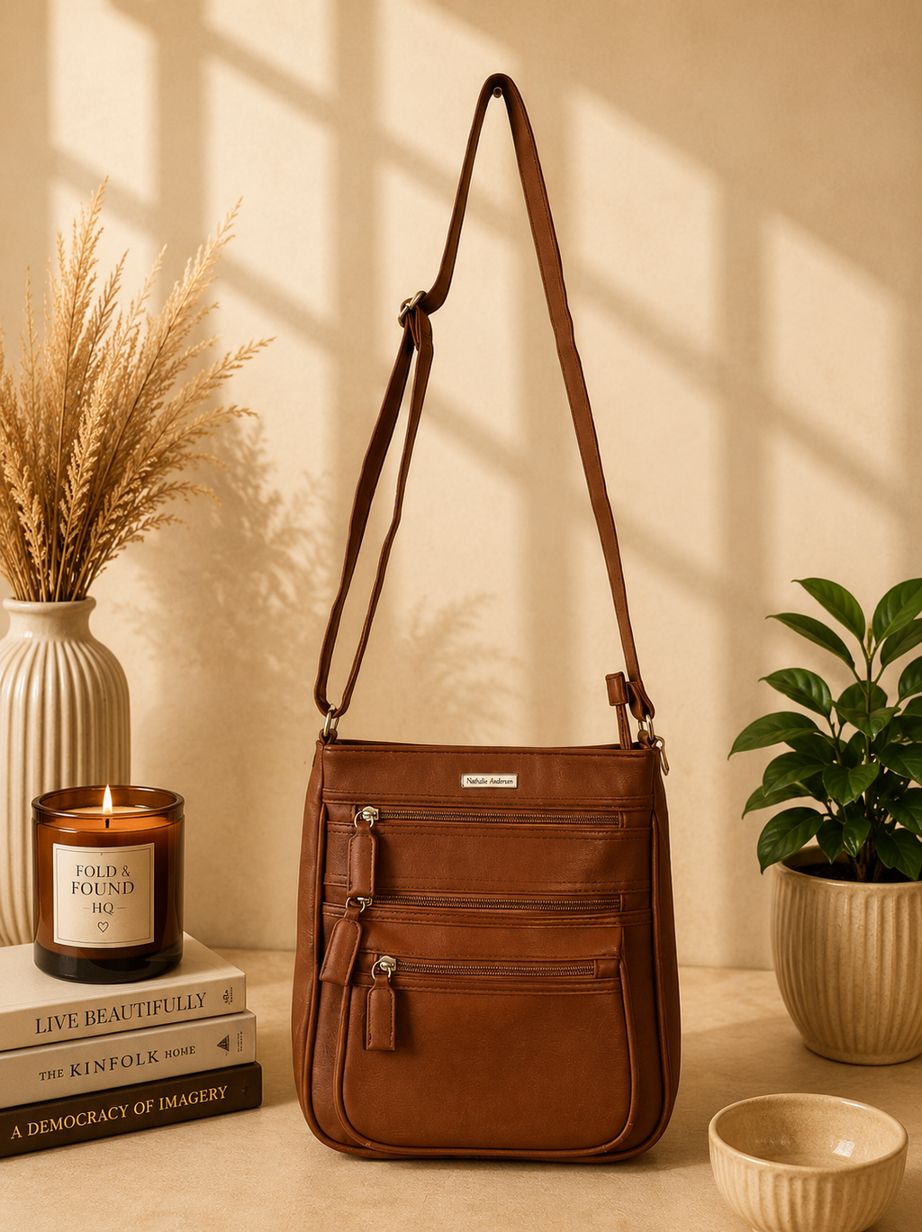 Nathalie Andersen Tan Crossbody Bag | Triple Zip Utility Travel Faux Leather