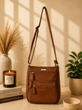 Nathalie Andersen Tan Crossbody Bag | Triple Zip Utility Travel Faux Leather
