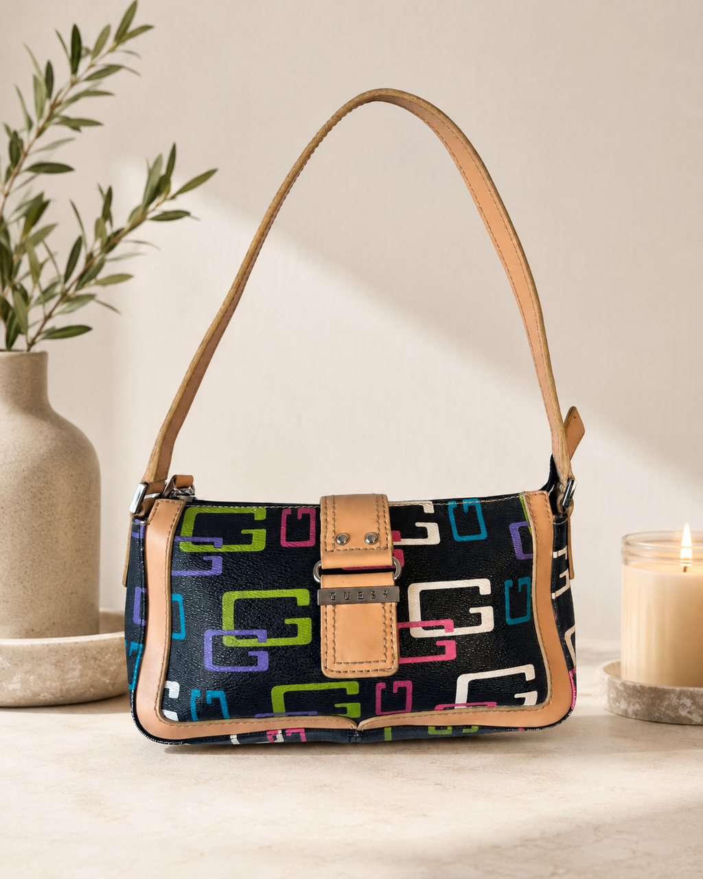 Vintage Guess Y2K Baguette Shoulder Bag – Multicolour Logo Print