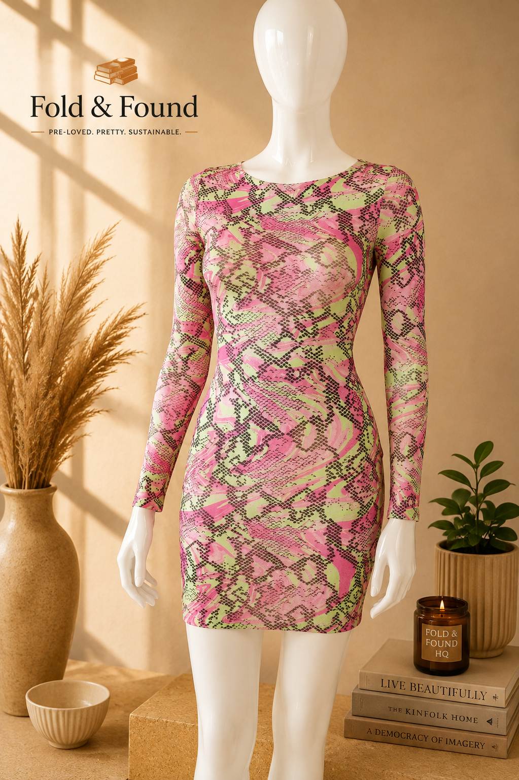 ASOS Design Pink & Green Snakeskin Mesh Bodycon Mini Dress – UK 8