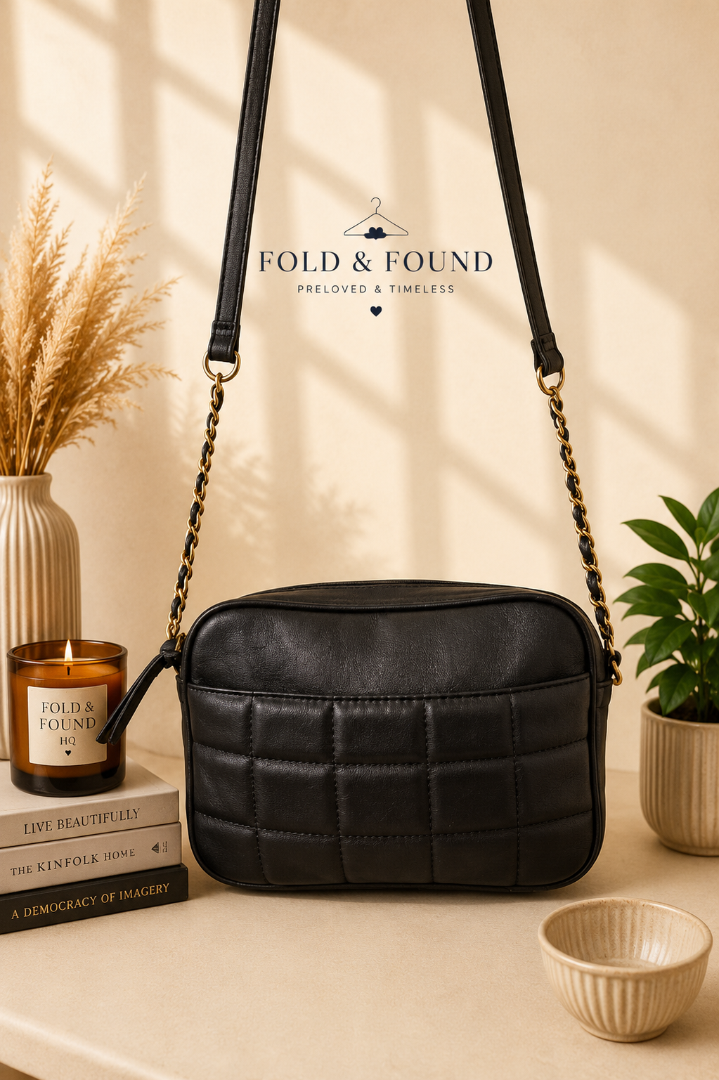 George Black Quilted Crossbody Bag with Gold Chain