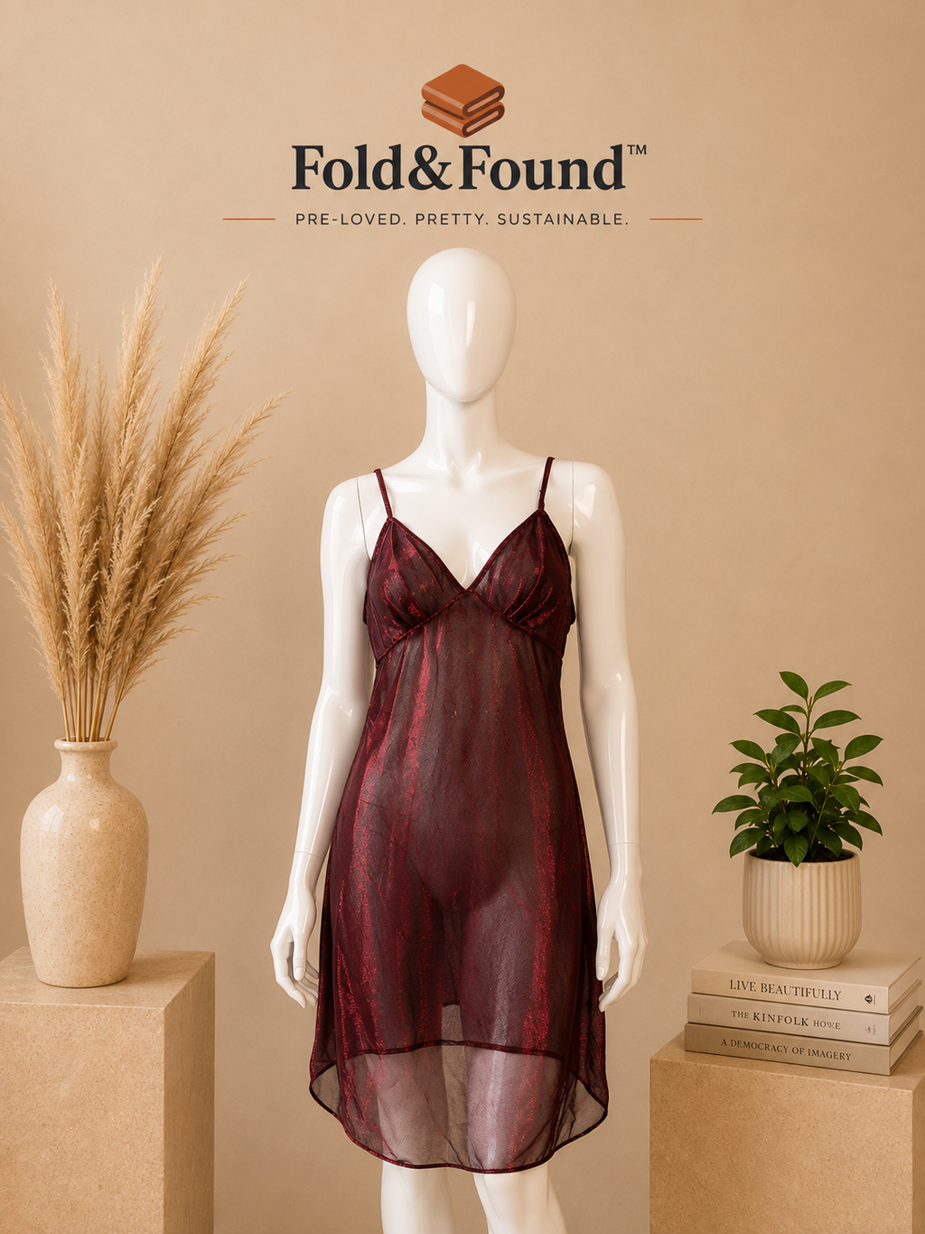 Juliana Collection Vintage Burgundy Metallic Sheer Slip Dress