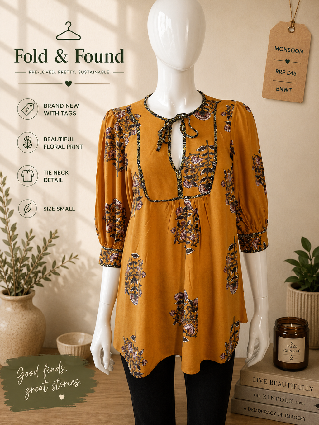 Monsoon Ochre Floral Tie Neck Blouse Size S BNWT