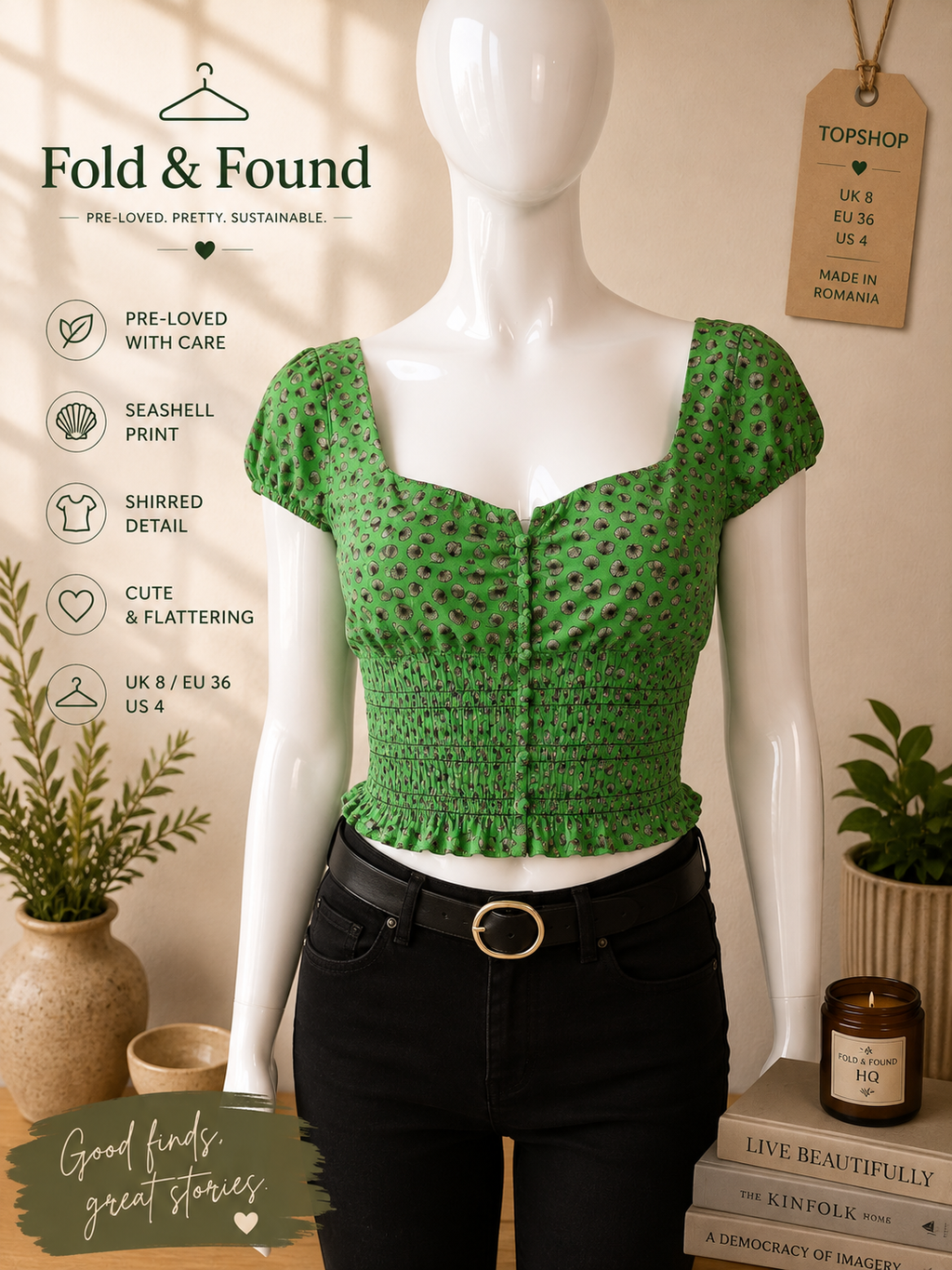 Topshop Green Seashell Print Shirred Crop Top UK 8