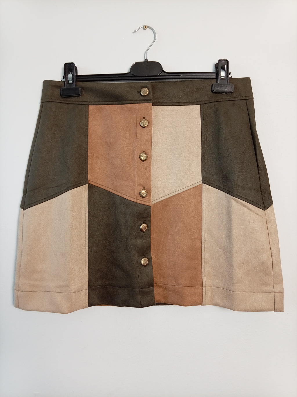 BNWT Monsoon Colour Block Faux Suede Mini Skirt UK 16 RRP £60 Retro Button Front
