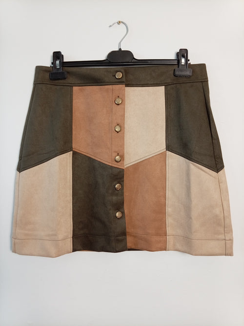 BNWT Monsoon Colour Block Faux Suede Mini Skirt UK 16 RRP £60 Retro Button Front