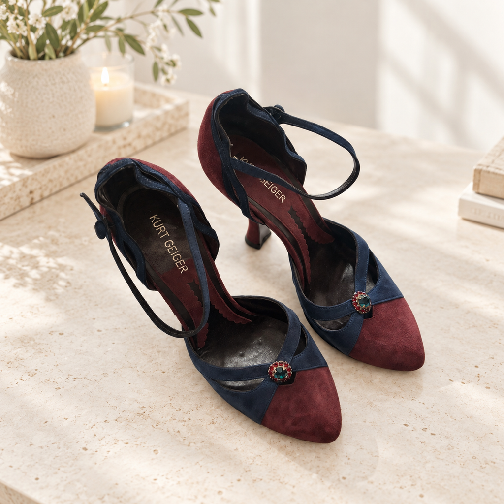 Kurt Geiger Burgundy & Navy Suede Heels – Made in Italy
Italian craftsmanship meets timeless elegance.