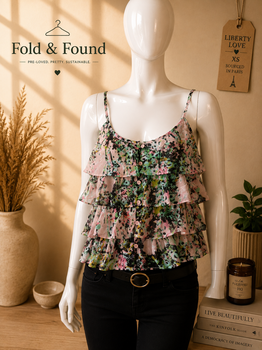 Liberty Love Pink Green Floral Tiered Ruffle Cami Top XS