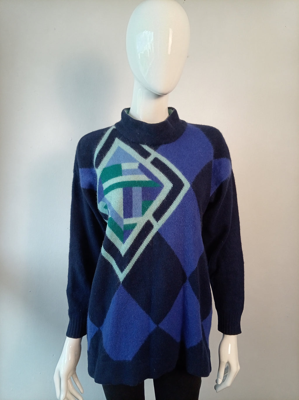 Vintage Betty Barclay Blue Geometric Lambswool & Angora Blend Jumper | UK 12-14