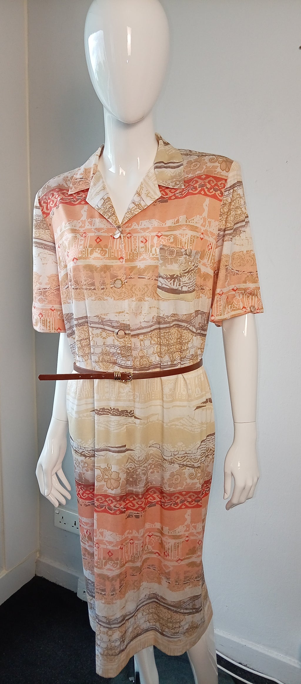 Vintage Coutureline Paris Abstract Print Belted Midi Dress – Size 52 (UK 22-24)