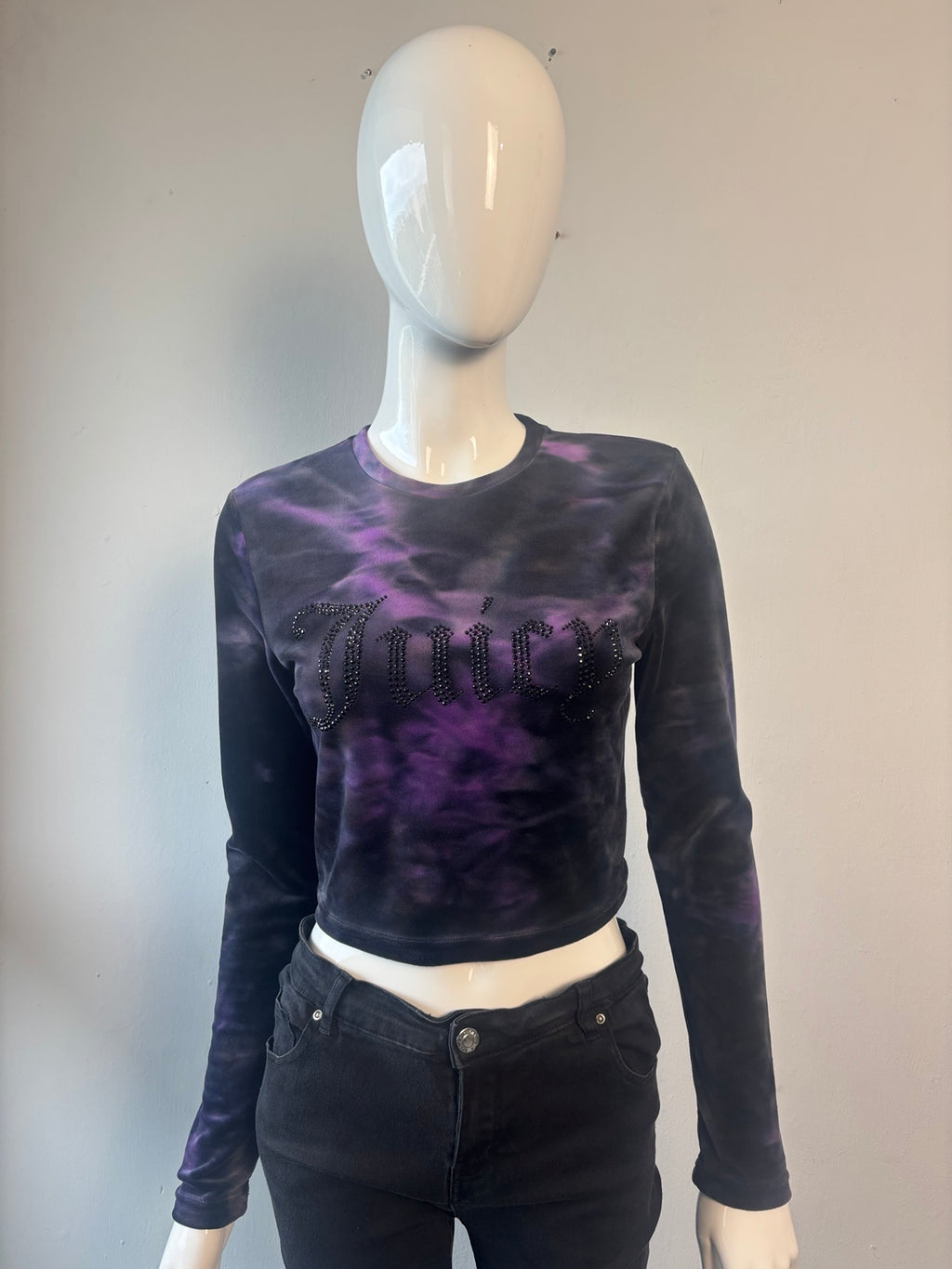 Juicy Couture Purple & Black Tie-Dye Velour Rhinestone Crop Top – Size L