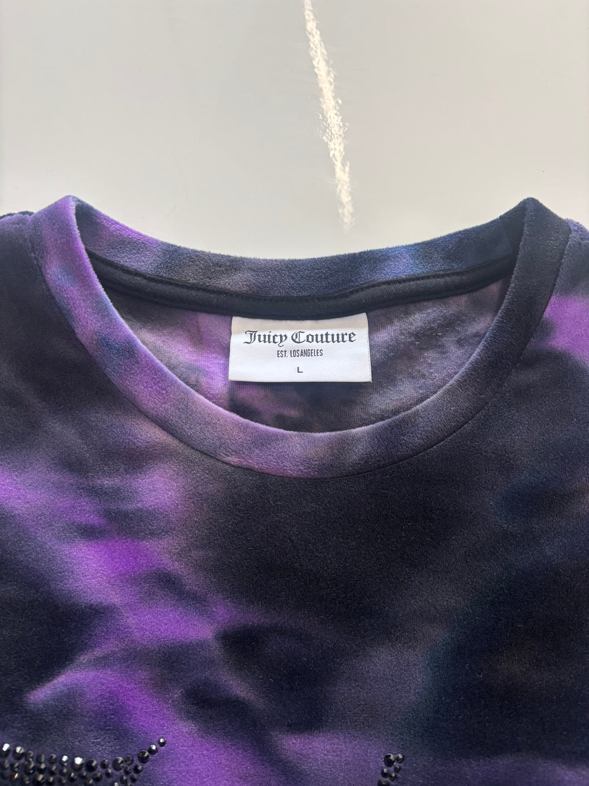 Juicy Couture Purple & Black Tie-Dye Velour Rhinestone Crop Top – Size L