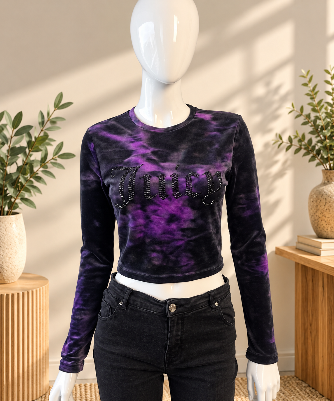 Juicy Couture Purple & Black Tie-Dye Velour Rhinestone Crop Top – Size L